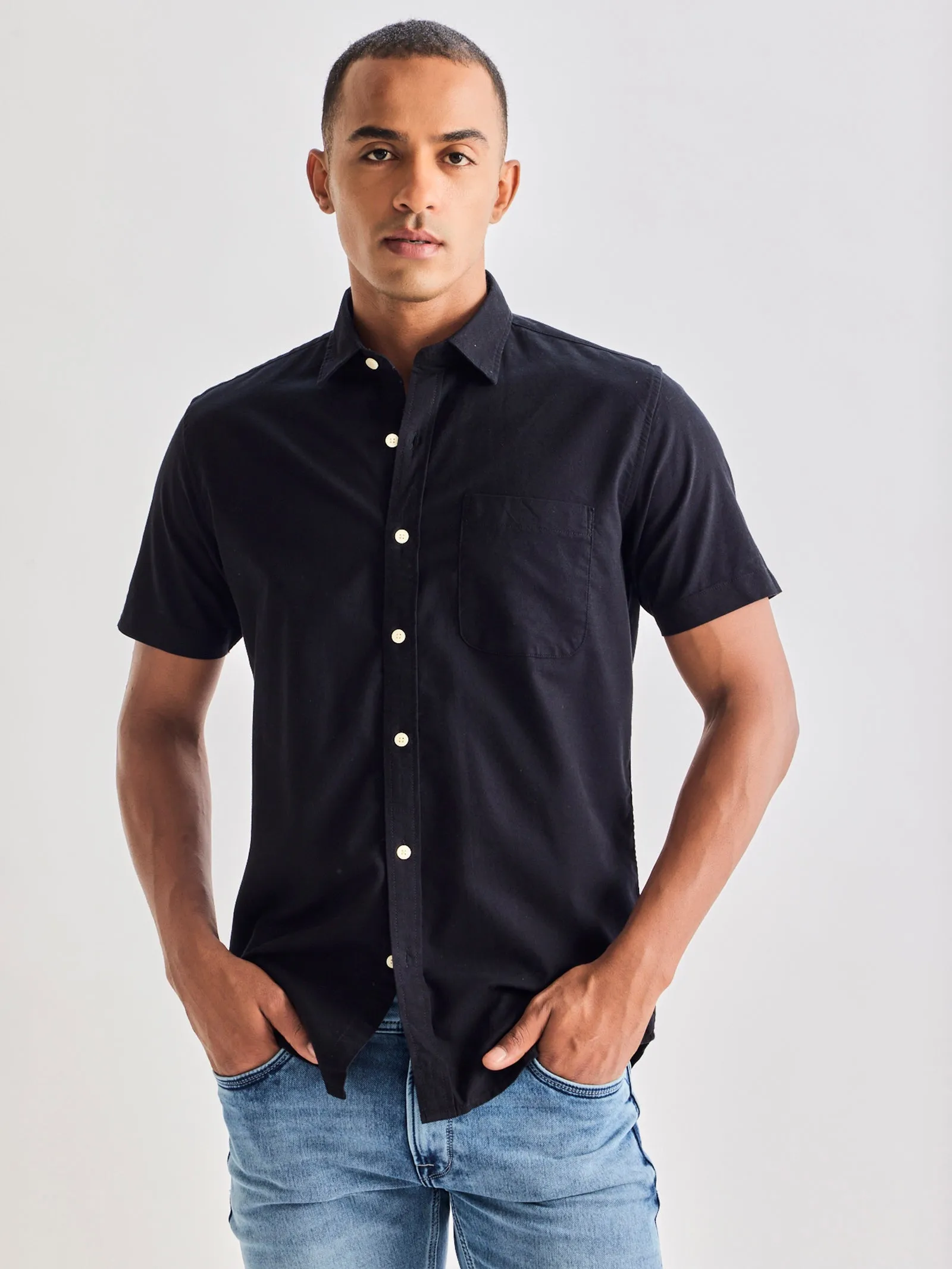 Black Pure Cotton Solid Shirt