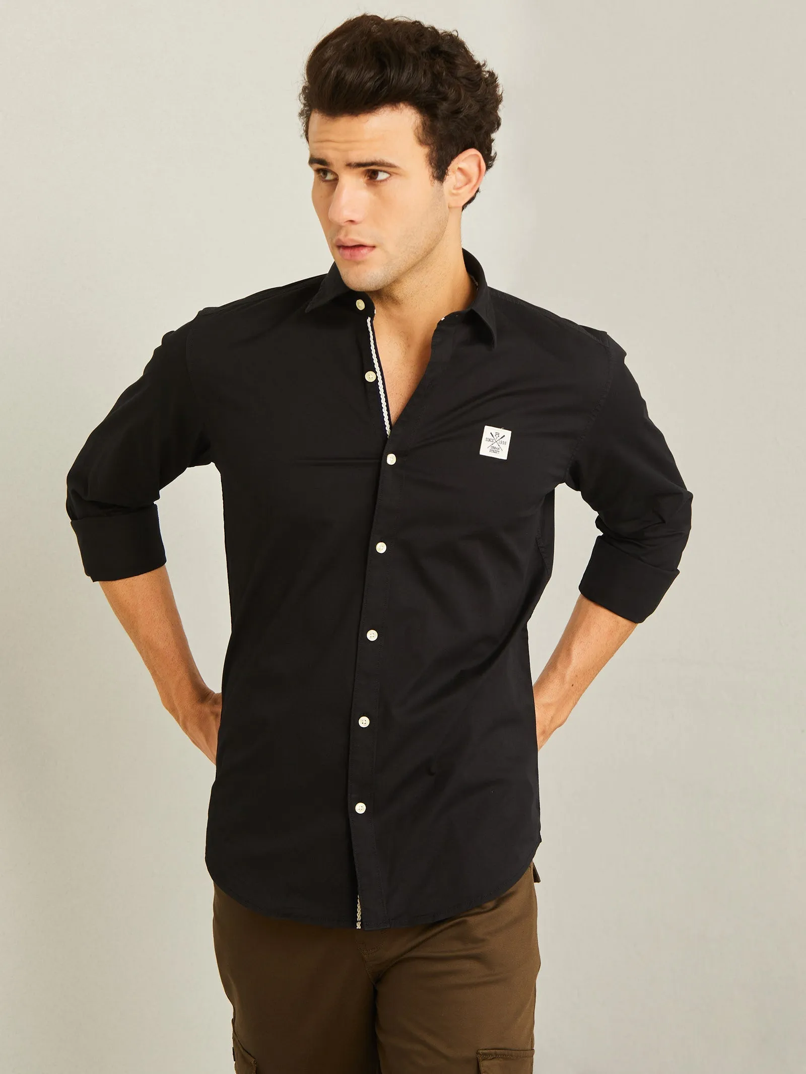 Black Solid Stretch Twill Shirt