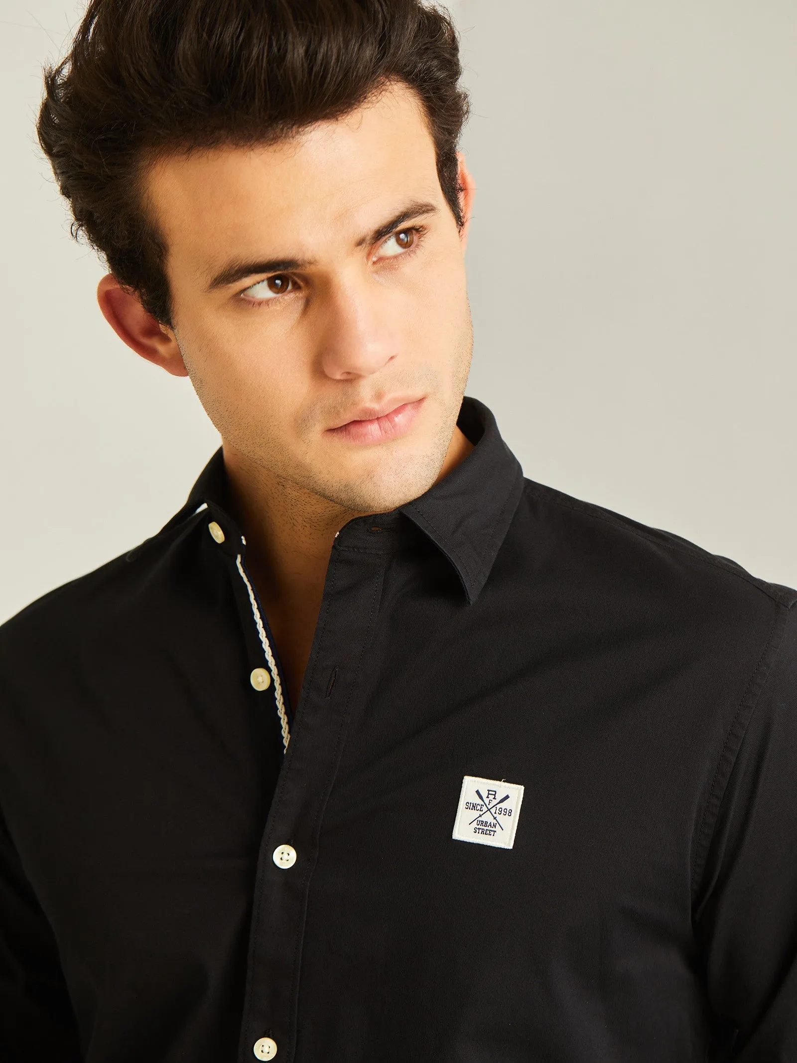 Black Solid Stretch Twill Shirt