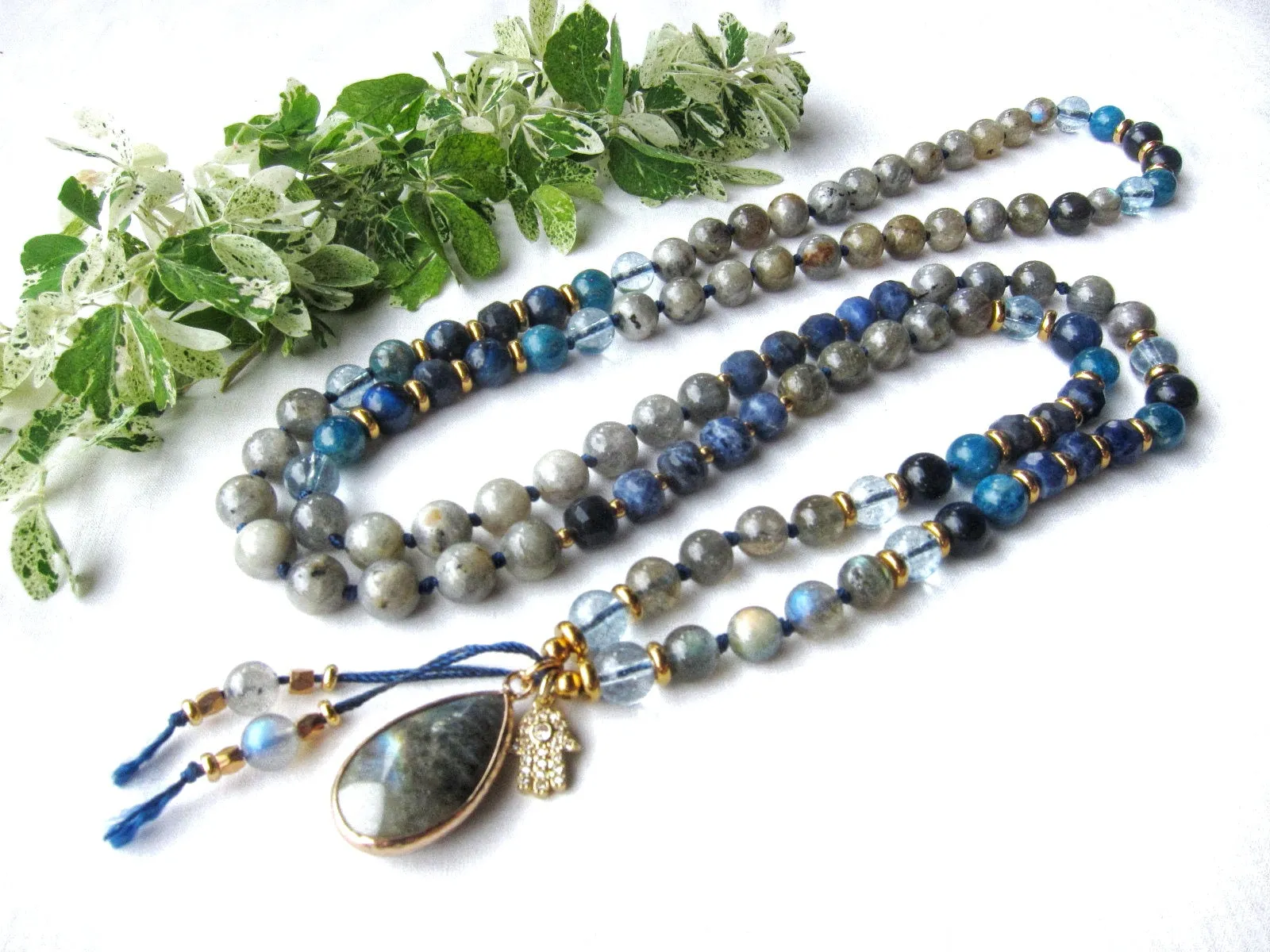 Blue Apatite, Sodalite, Rainbow Labradorite 108 Prayer Beads Mala Necklace