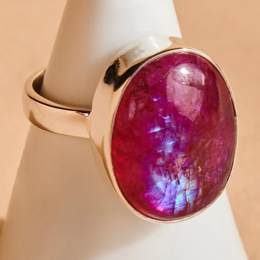 Blue Fire Pink Rainbow Moonstone 925 Sterling Silver Ring, Handmade in India, Gift Jewelry, Gemstone Ring, Nickel Free