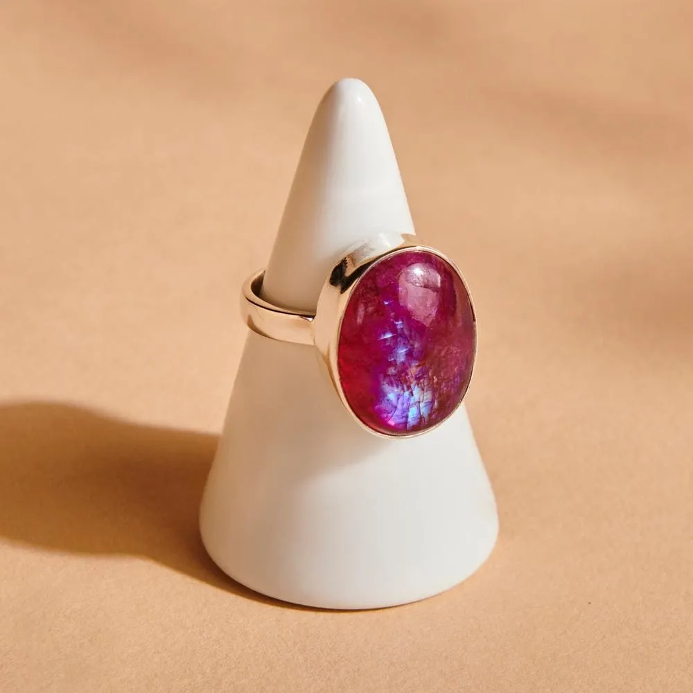 Blue Fire Pink Rainbow Moonstone 925 Sterling Silver Ring, Handmade in India, Gift Jewelry, Gemstone Ring, Nickel Free