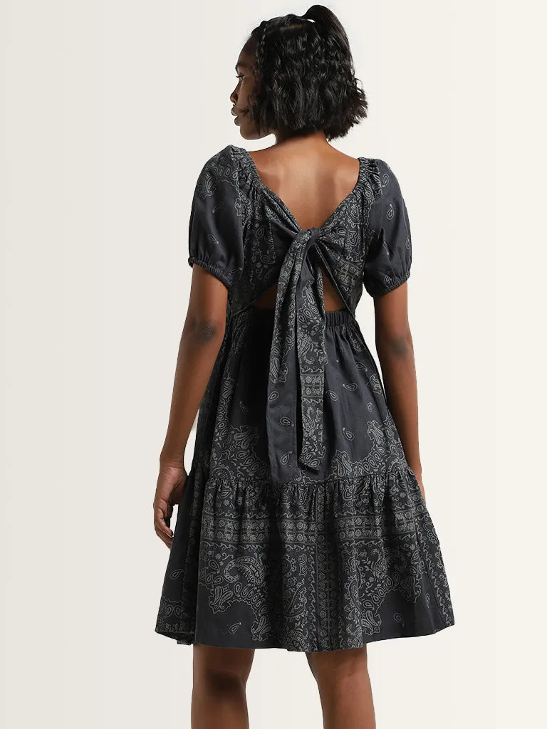 Bombay Paisley Black Paisley Print Cotton Tiered Dress