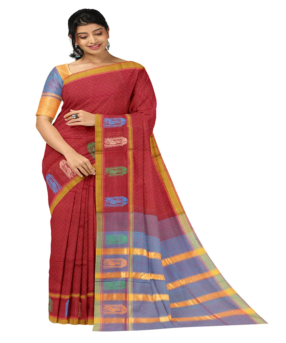 Brick red plain butta handwoven rajahmundry cotton saree