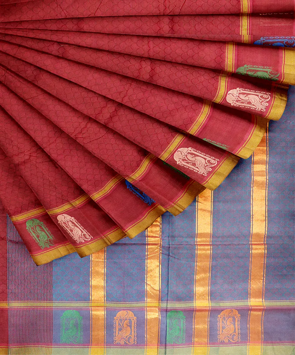 Brick red plain butta handwoven rajahmundry cotton saree