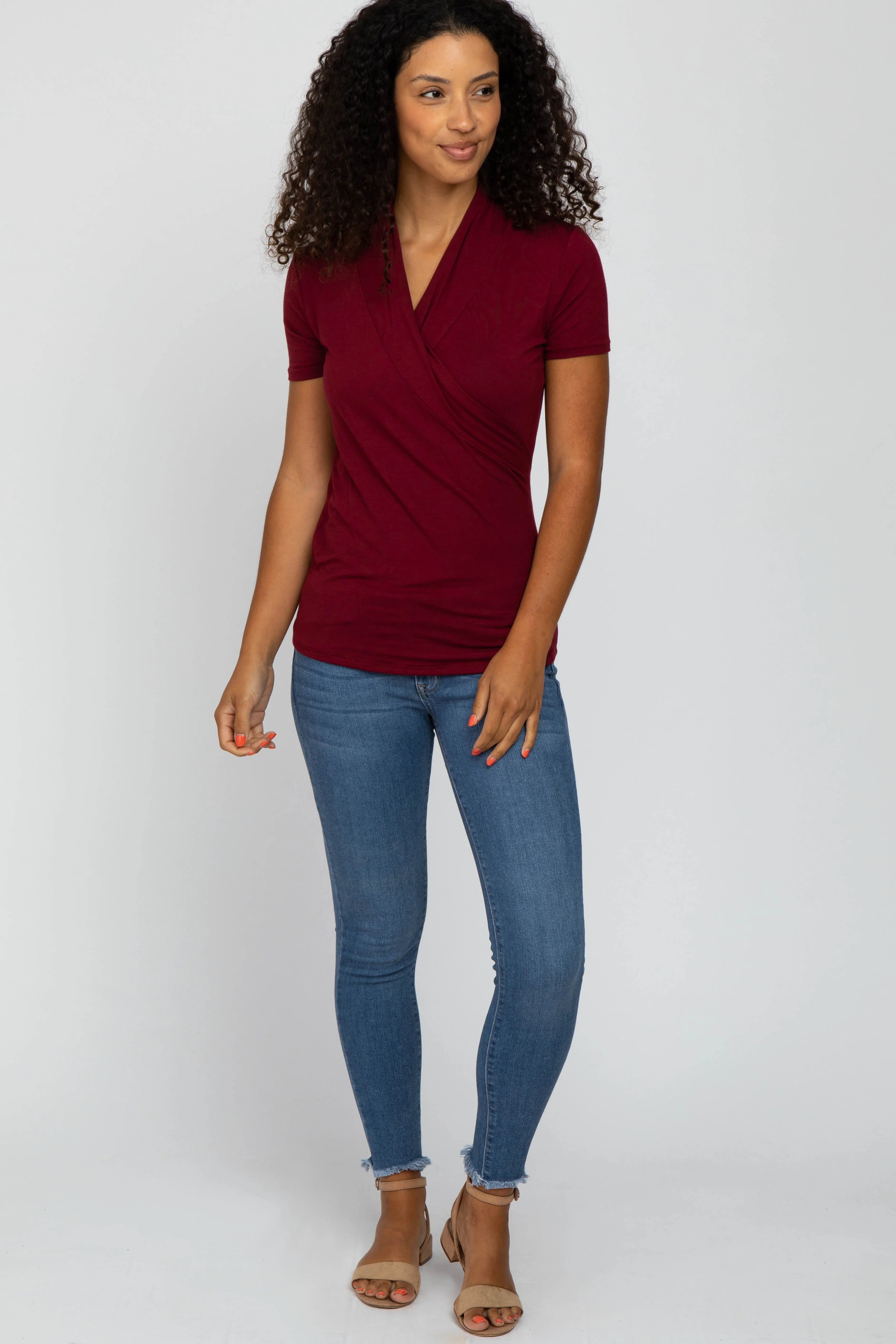 Burgundy Solid Short Sleeve Wrap Front Nursing Top