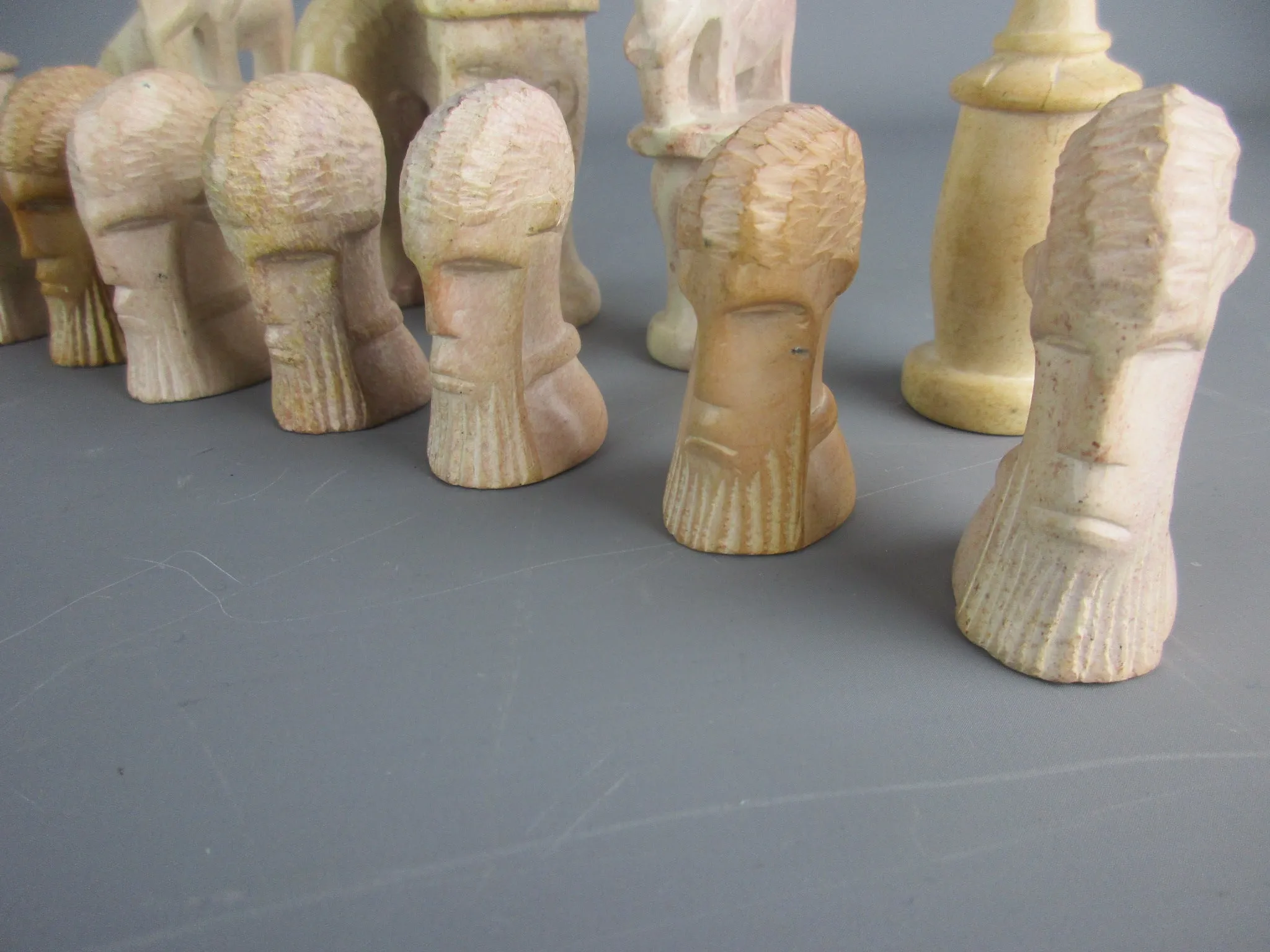 Carved African Soapstone Chess Set Vintage Mid 20th Century