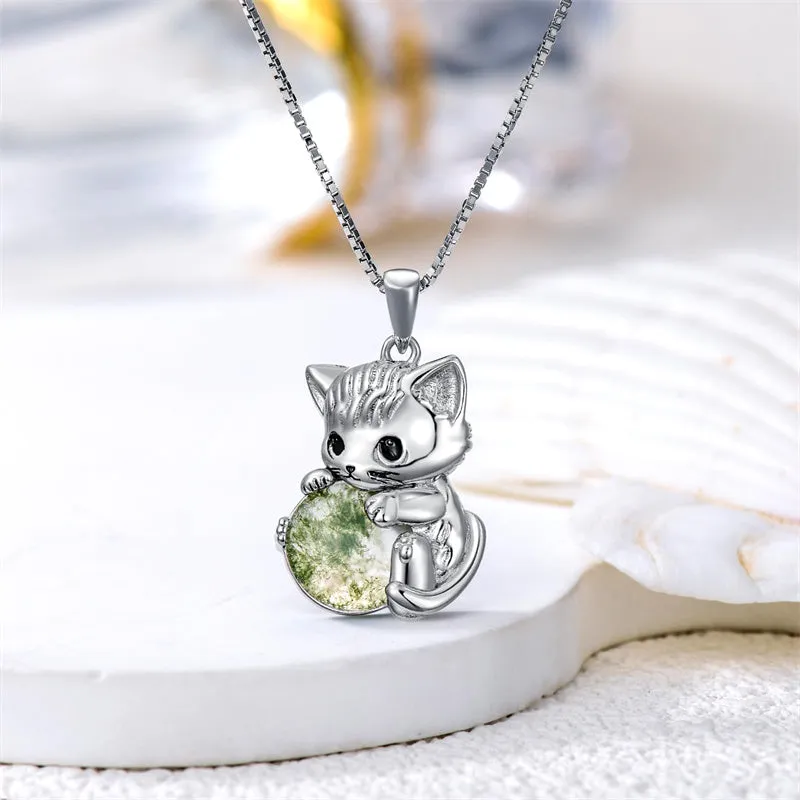 Cat Necklace with Moss Agate Sterling Silver Cute Cat Pendant Necklace Birthday Christmas Cat Jewelry Gift for Women Girls