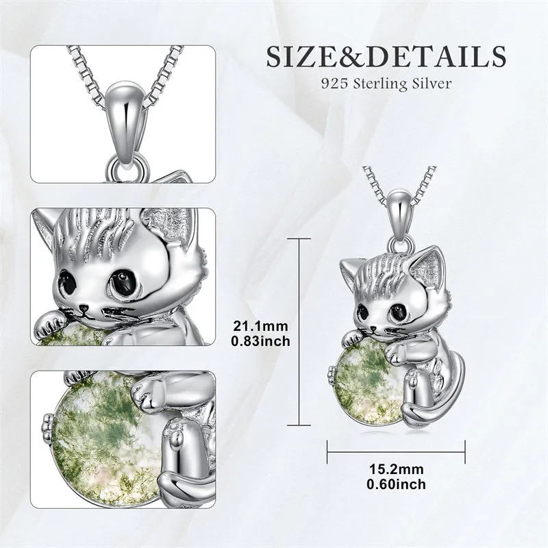 Cat Necklace with Moss Agate Sterling Silver Cute Cat Pendant Necklace Birthday Christmas Cat Jewelry Gift for Women Girls