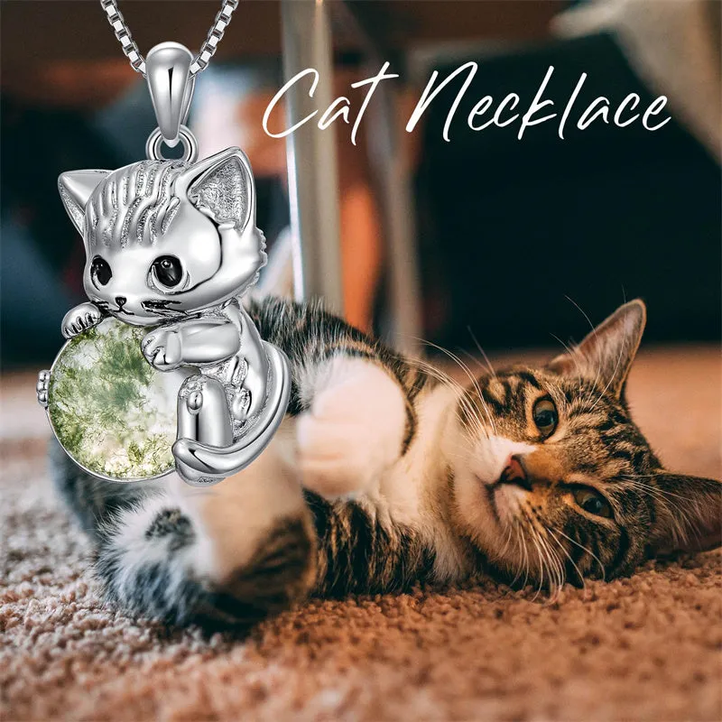 Cat Necklace with Moss Agate Sterling Silver Cute Cat Pendant Necklace Birthday Christmas Cat Jewelry Gift for Women Girls