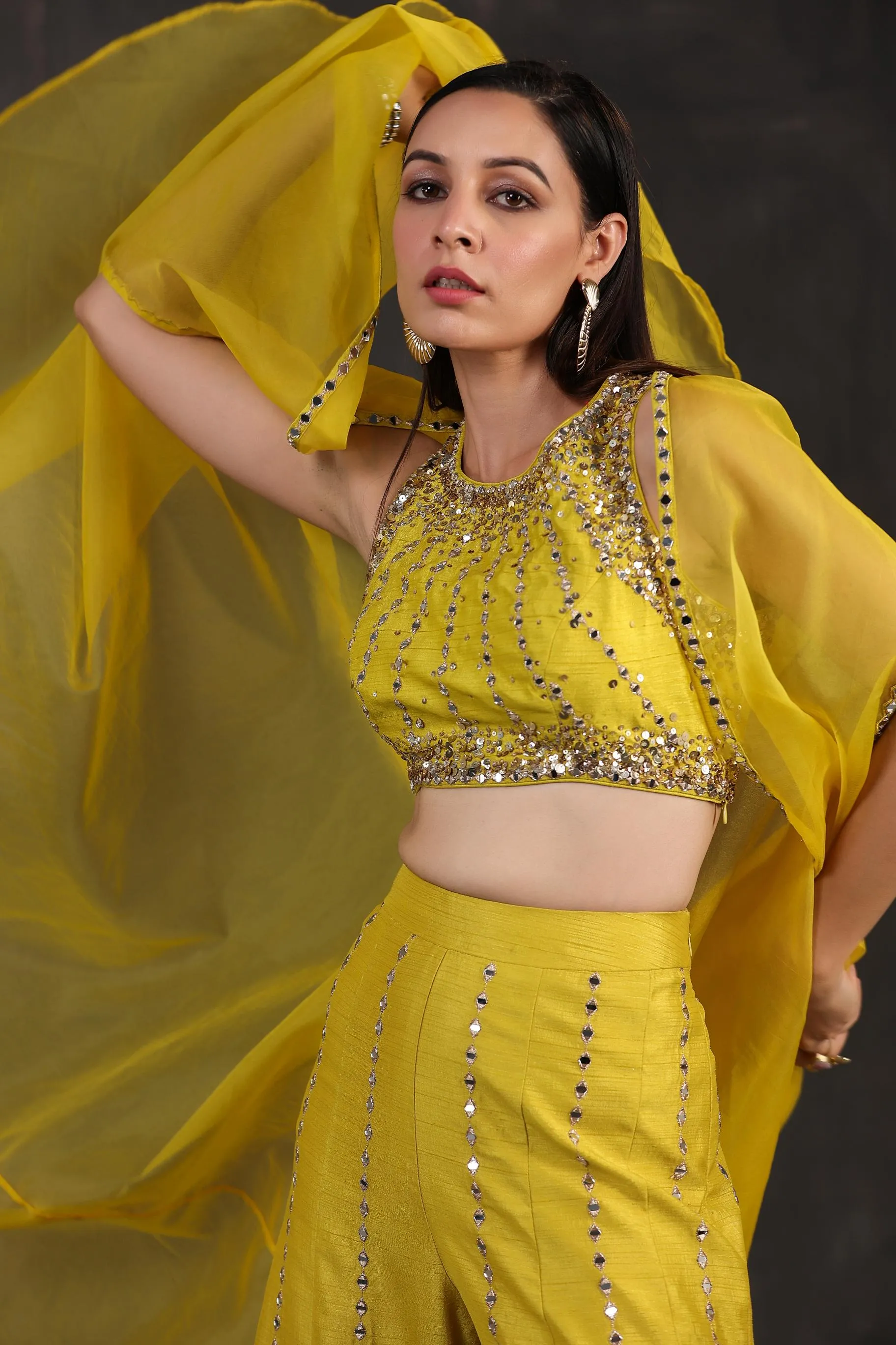 Corn Yellow Embellished Premium Organza Silk Cape Set