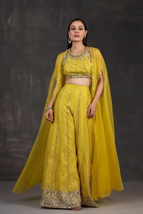 Corn Yellow Embellished Premium Organza Silk Cape Set