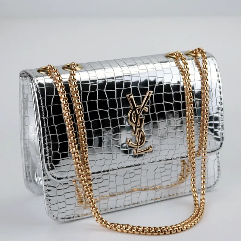 Croc Pattern Metallic Shine Chain Crossbody Bag