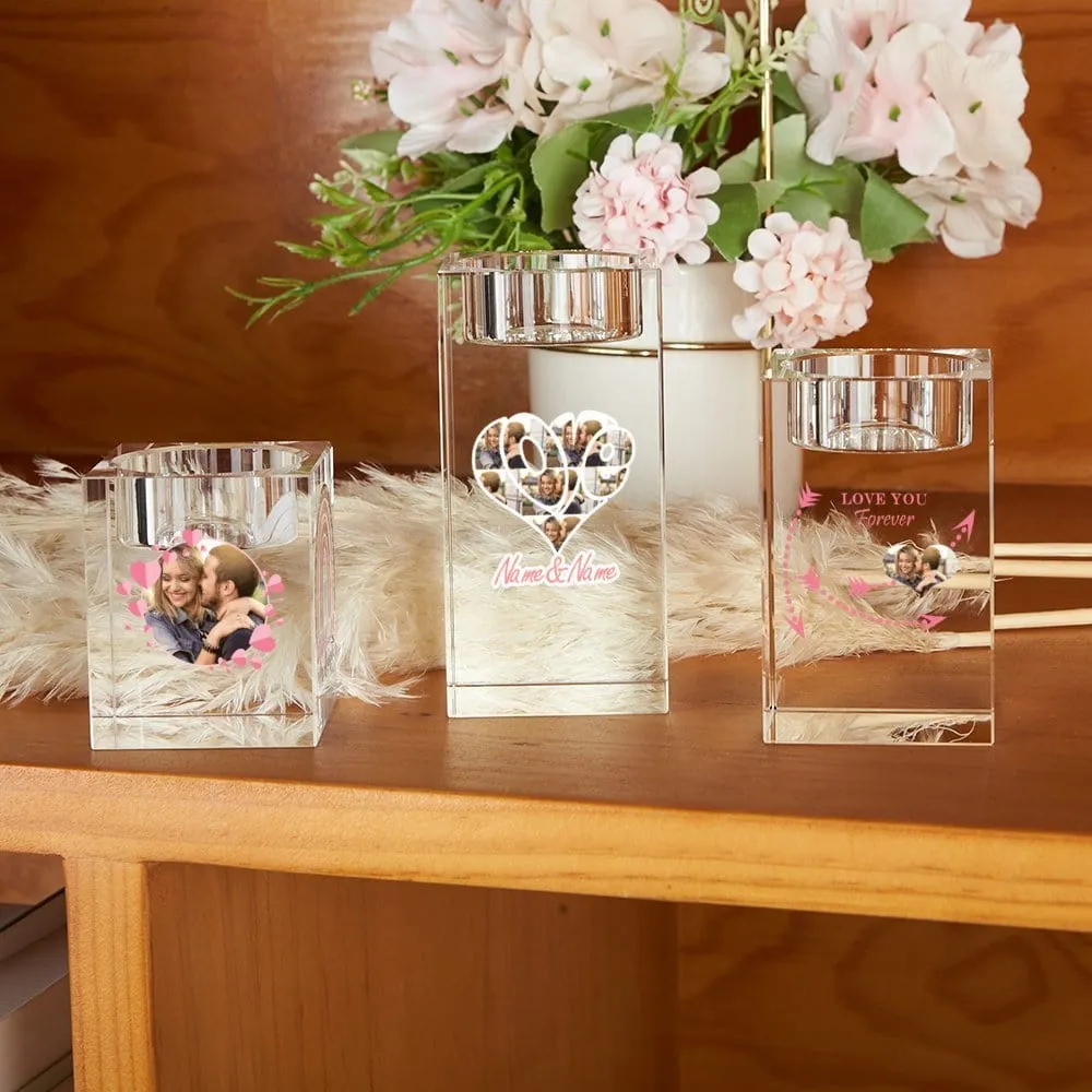 Custom Photo&Name Love You Forever Set of 3 Elegant Crystal Tealight Holders