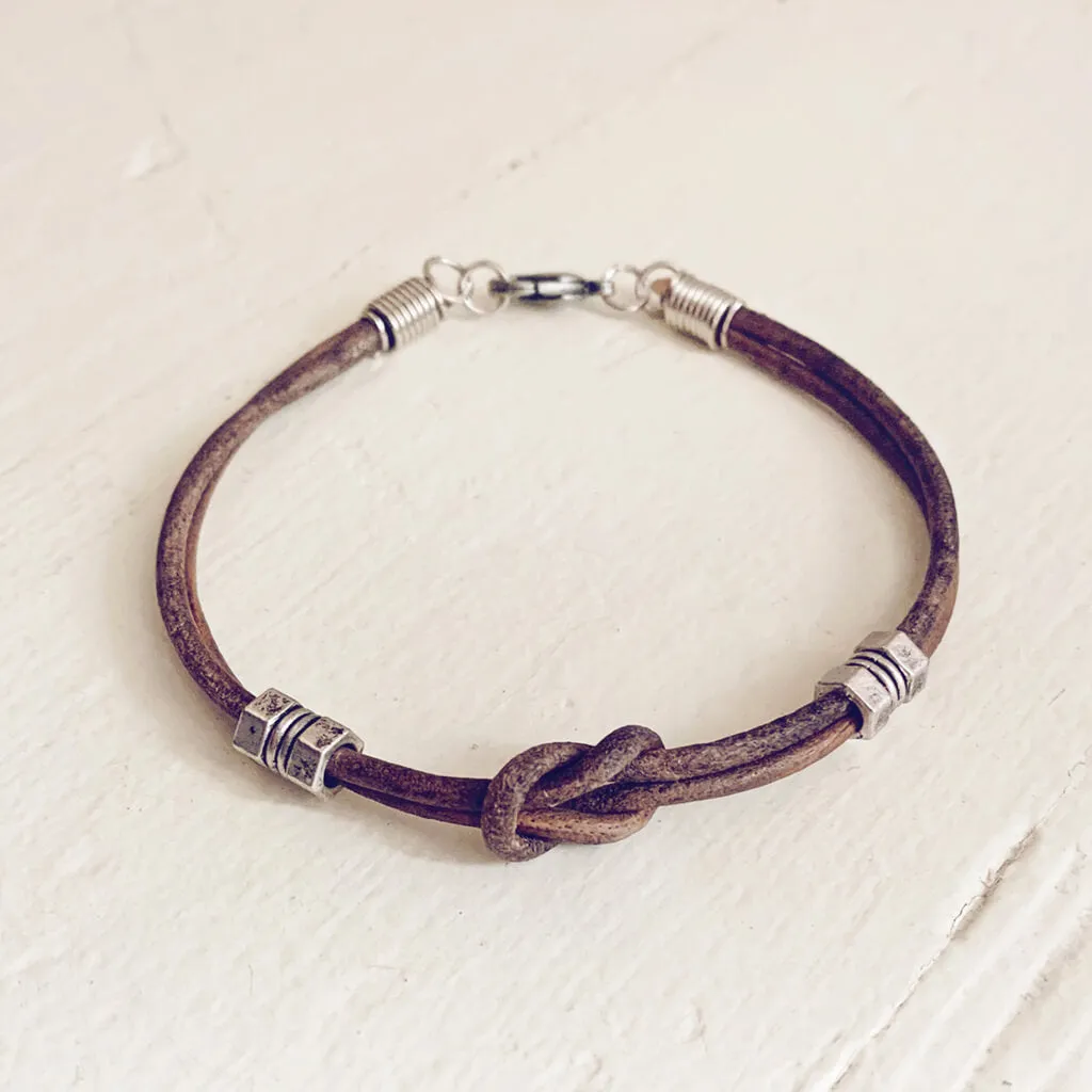 double hex // simple distressed grey brown leather knot bracelet with pewter hex beads