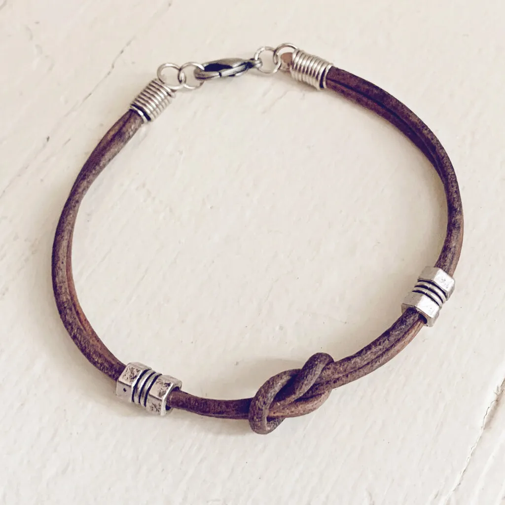 double hex // simple distressed grey brown leather knot bracelet with pewter hex beads