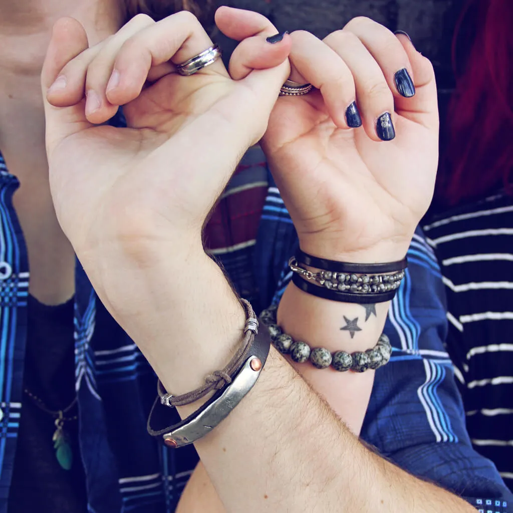 double hex // simple distressed grey brown leather knot bracelet with pewter hex beads