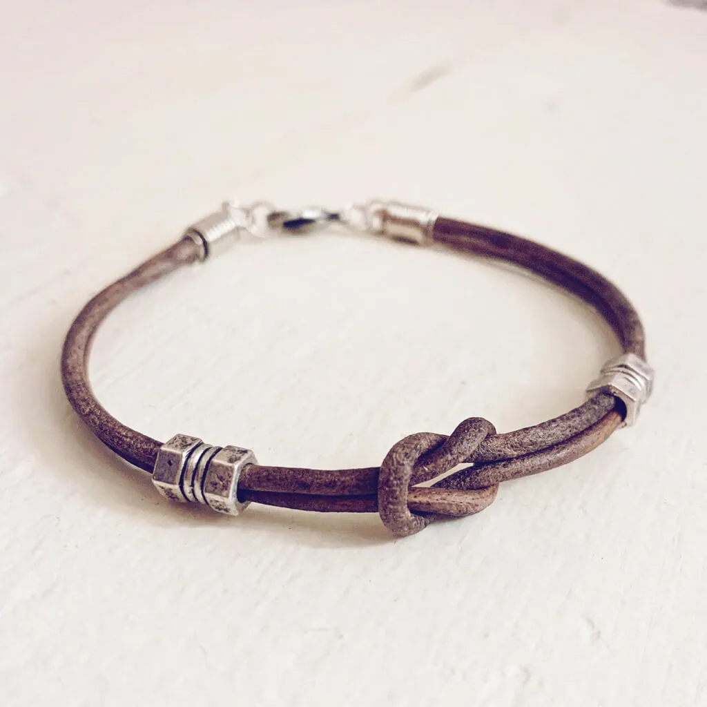 double hex // simple distressed grey brown leather knot bracelet with pewter hex beads