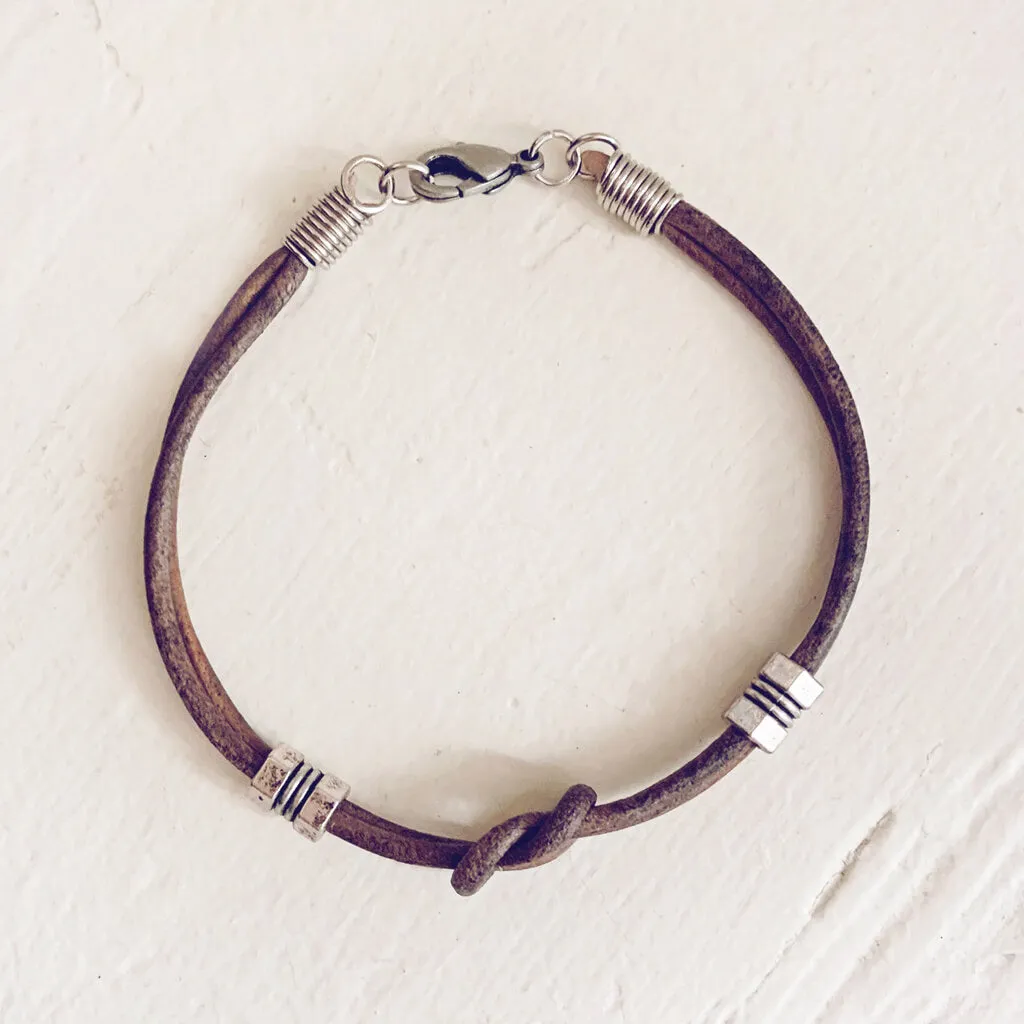 double hex // simple distressed grey brown leather knot bracelet with pewter hex beads