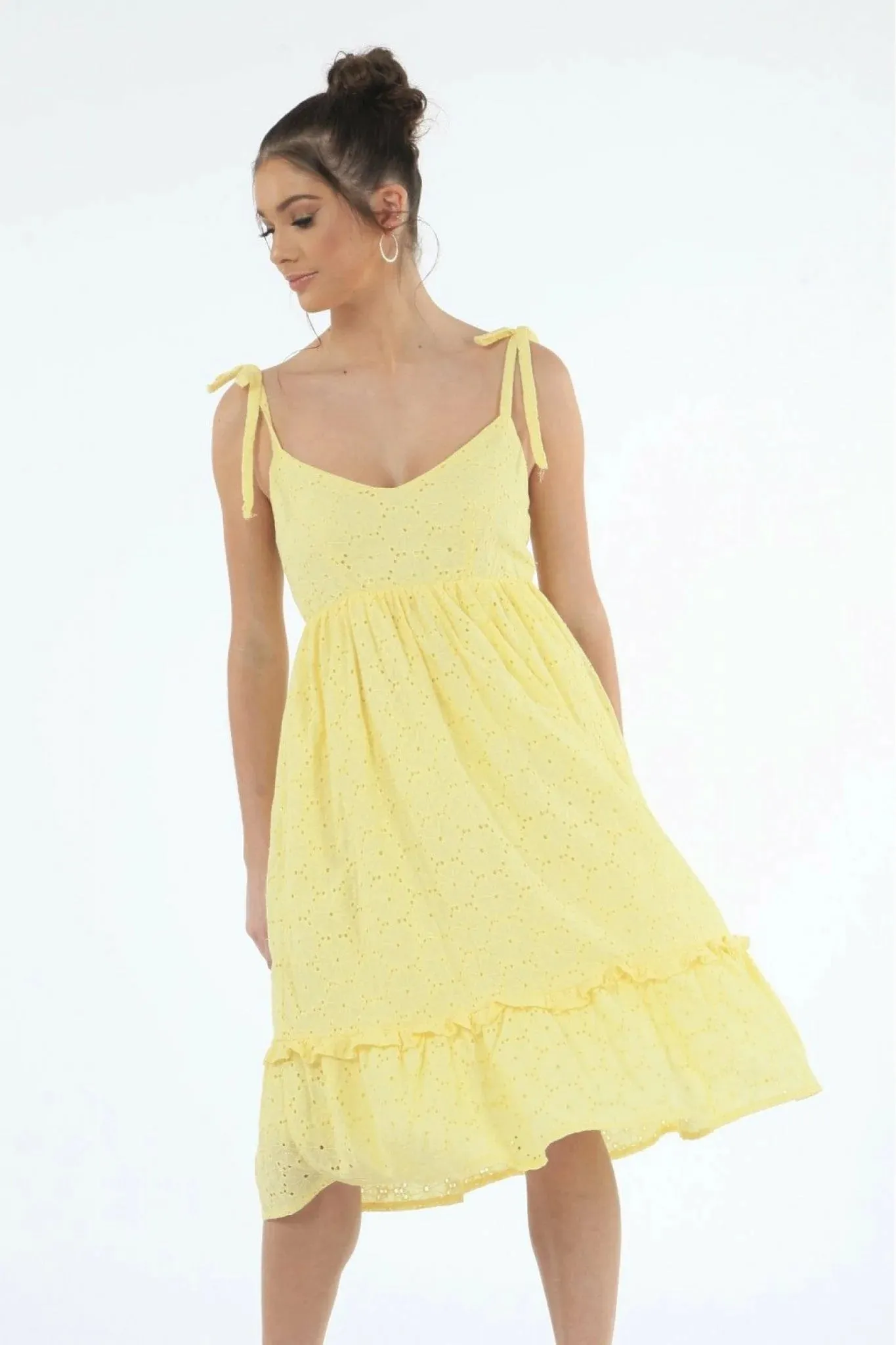 Double Second Yellow Tie Strap Broiderie Dress