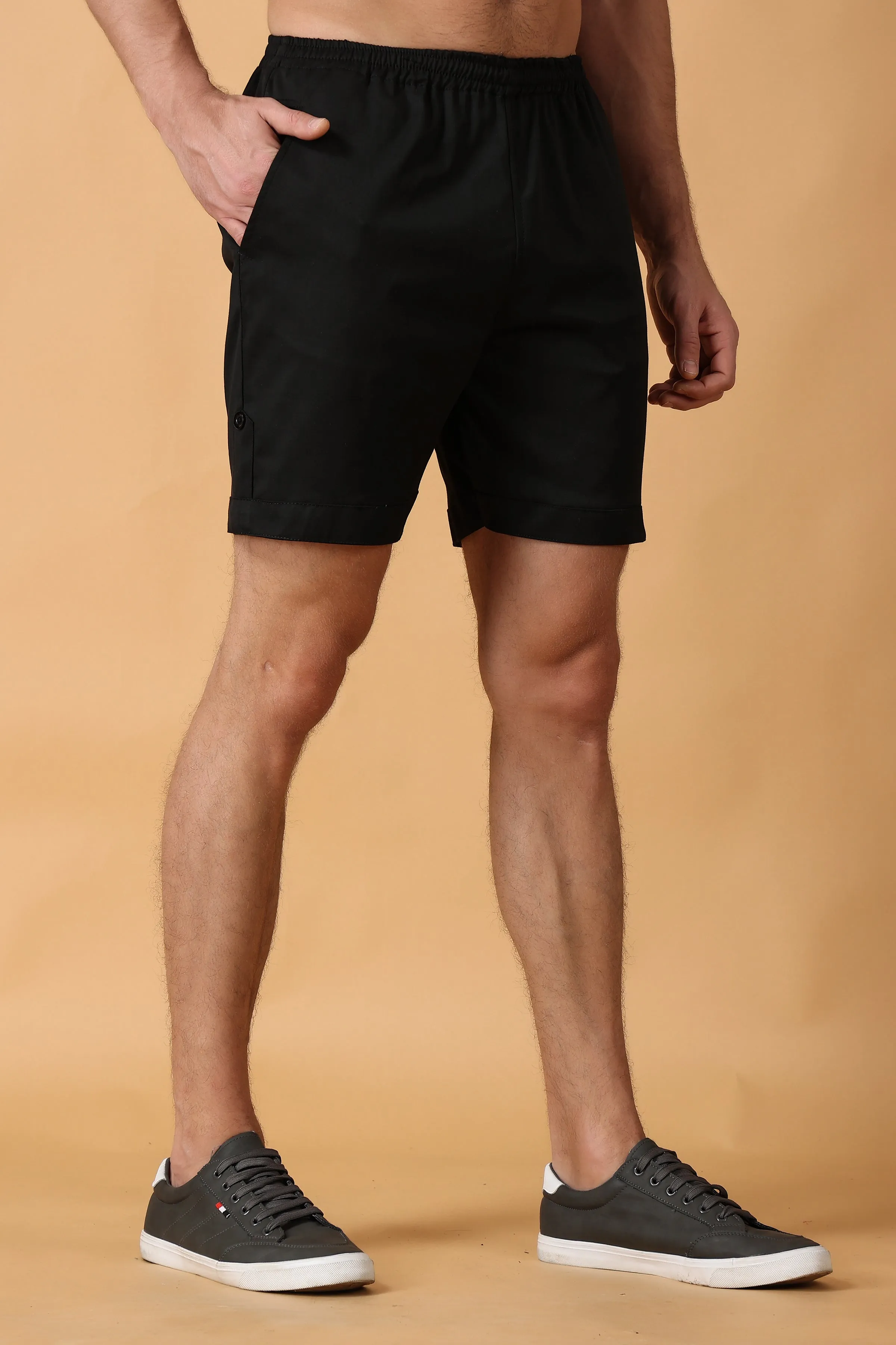 Eerie Black Cotton Lycra Shorts