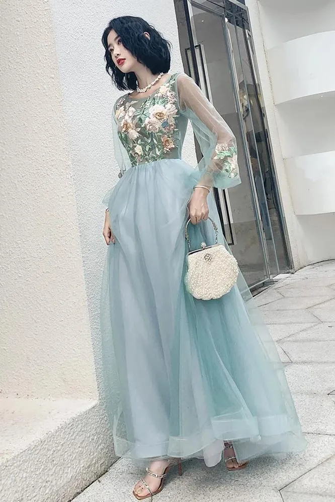 Elegant Long Sleeves Appliqued Tulle Prom Dresses, Floor Length Appliques Evening Dresses STK15175