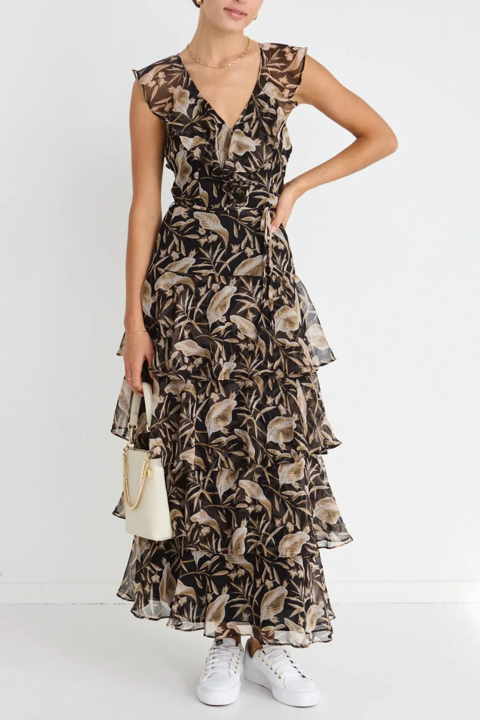 Everly Golden Black Floral Flutter Sleeve Tiered Maxi Dress