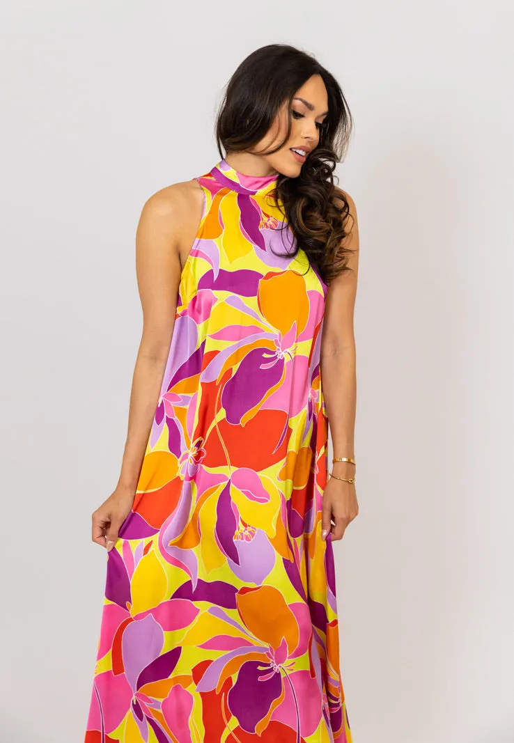 Floral Satin Mock Halter Maxi