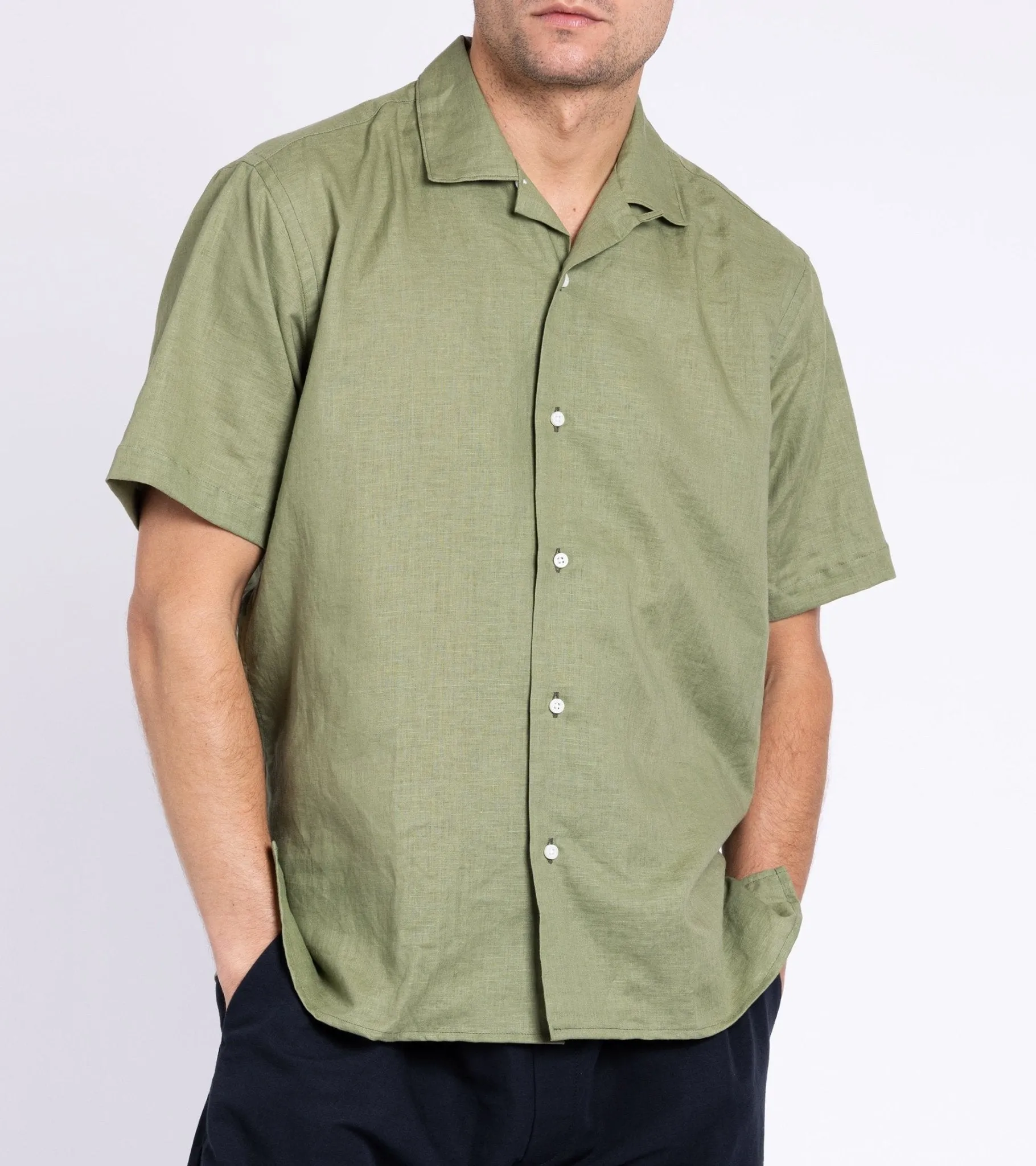 Gitman Vintage Cotton Linen Camp Collar Shirt: Sage