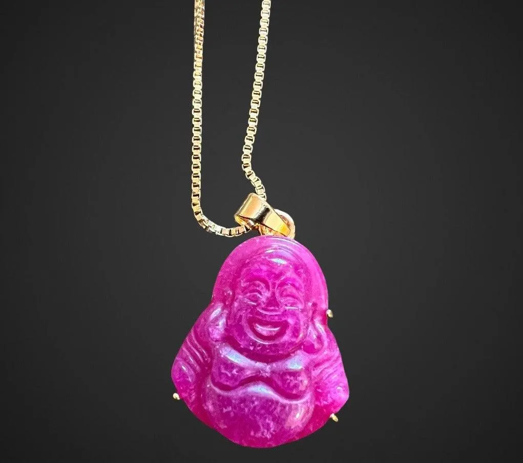 Gold Plated Jade Laughing Mini Buddha Pendant Necklace