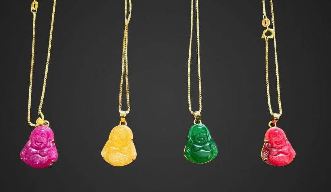 Gold Plated Jade Laughing Mini Buddha Pendant Necklace