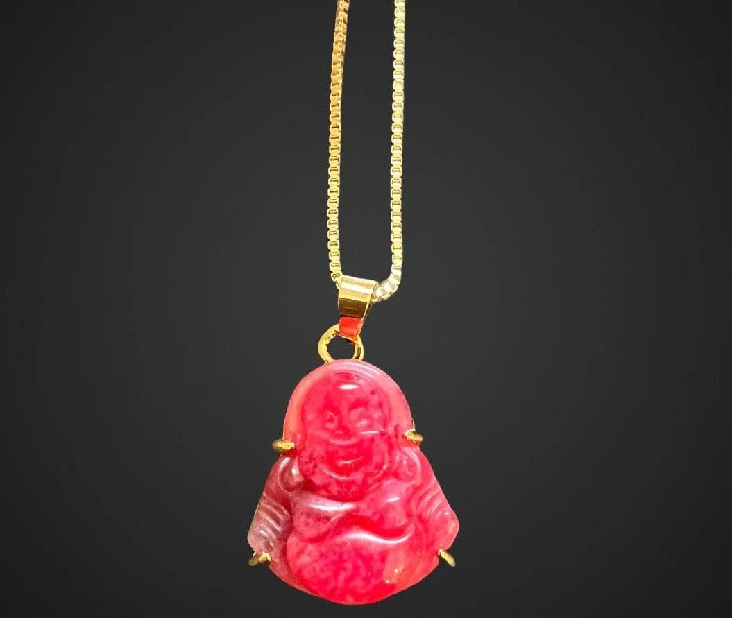 Gold Plated Jade Laughing Mini Buddha Pendant Necklace