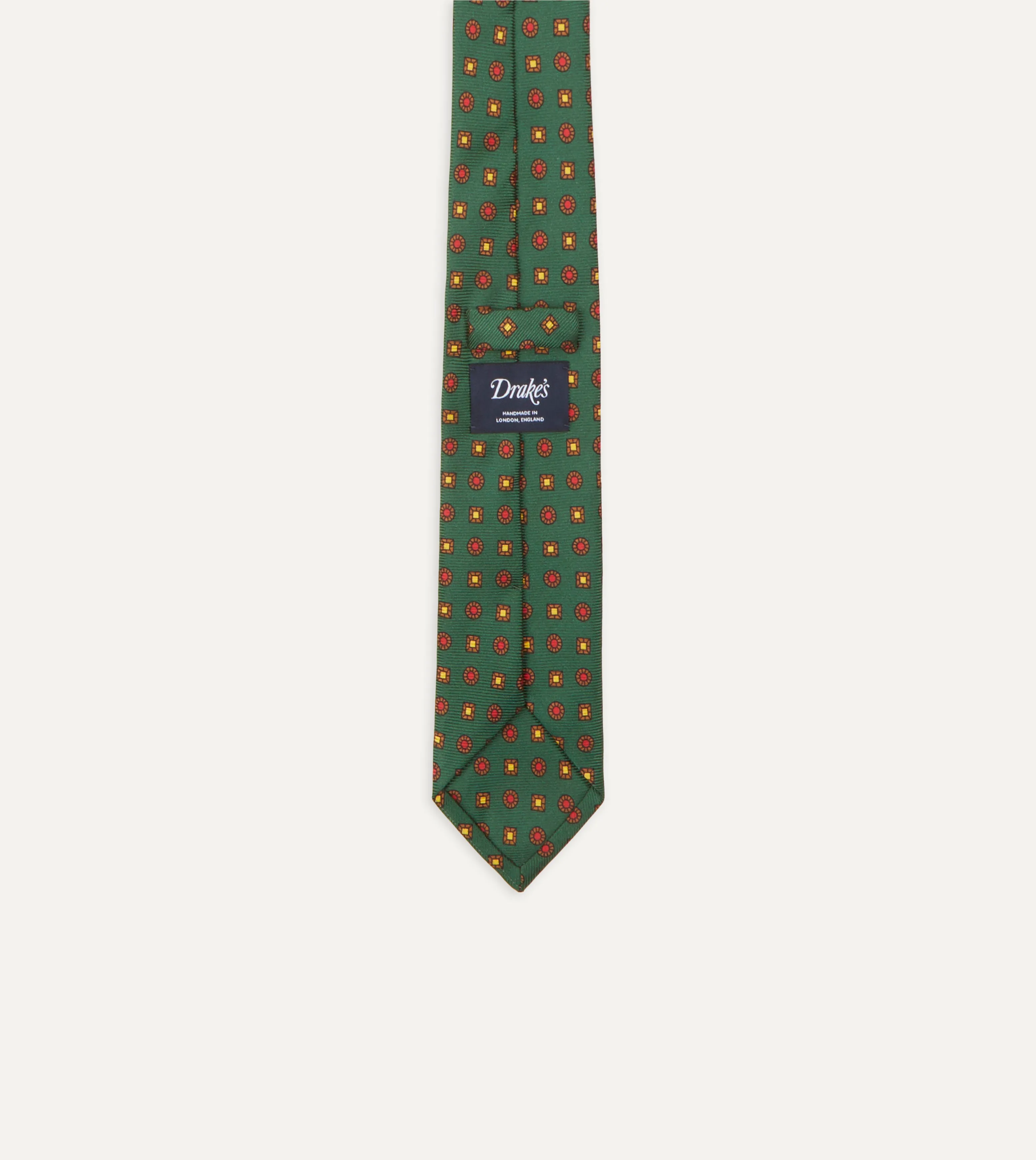 Green and Red Geometric Medallion Print Madder Twill Silk Tie