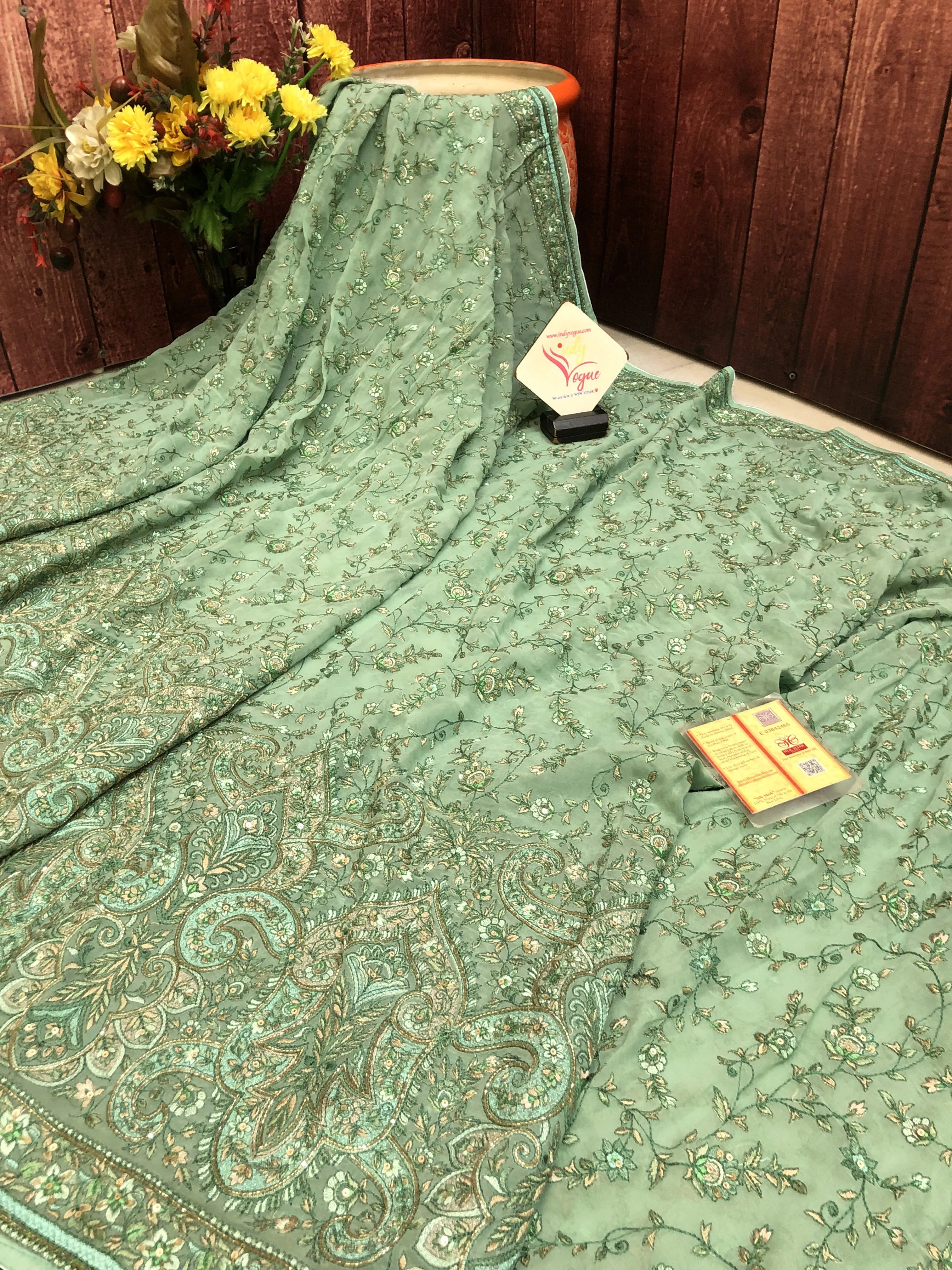 Jade Green Color Designer Georgette Saree with Allover Embroidery Work