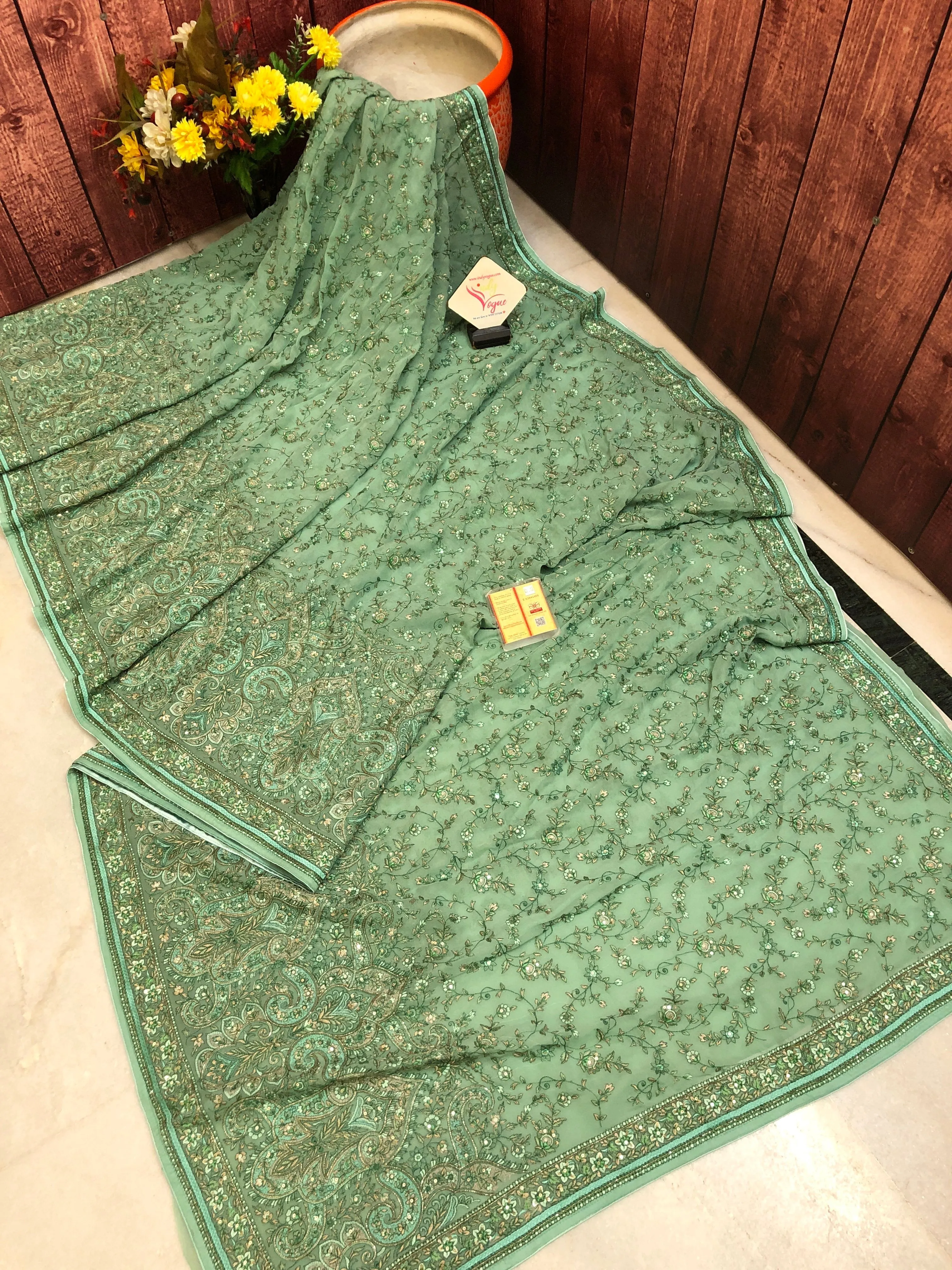 Jade Green Color Designer Georgette Saree with Allover Embroidery Work