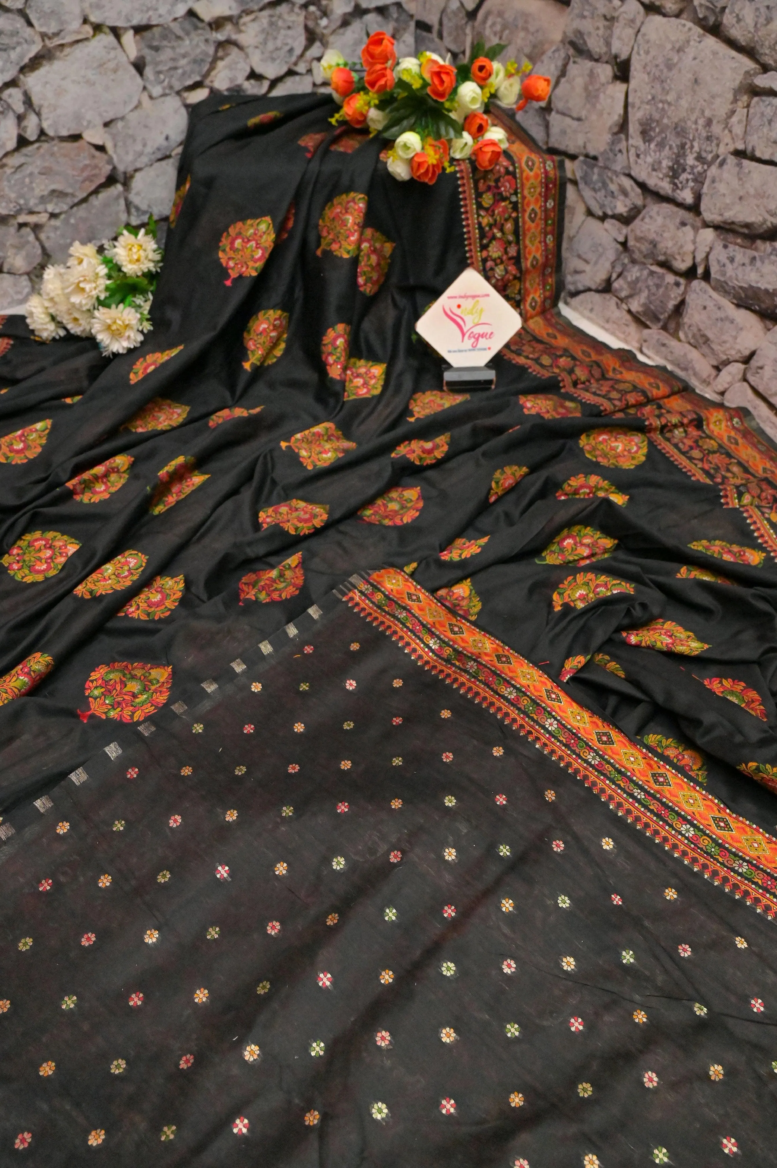 Jet Black Color Kani Silk Saree