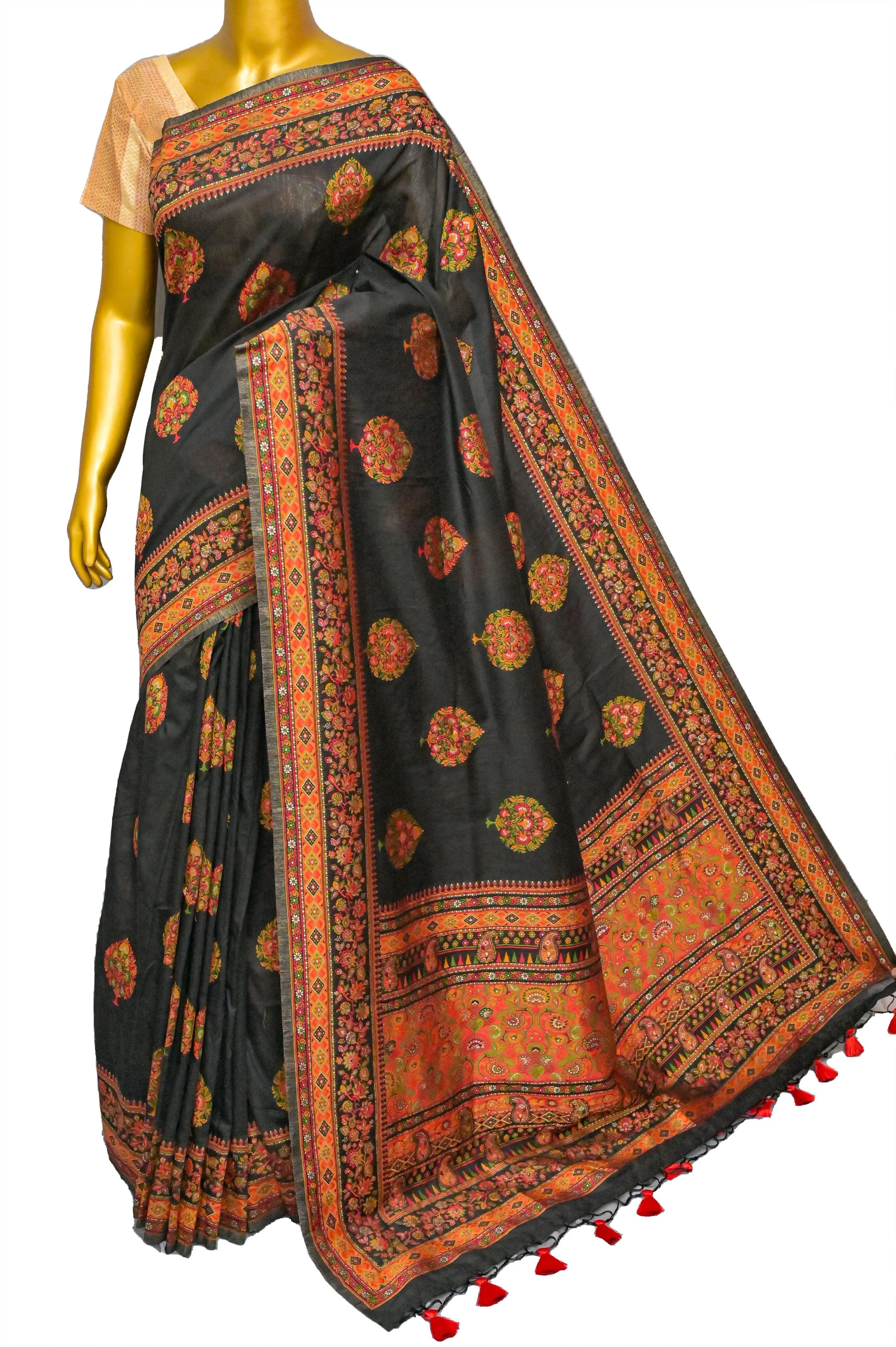 Jet Black Color Kani Silk Saree