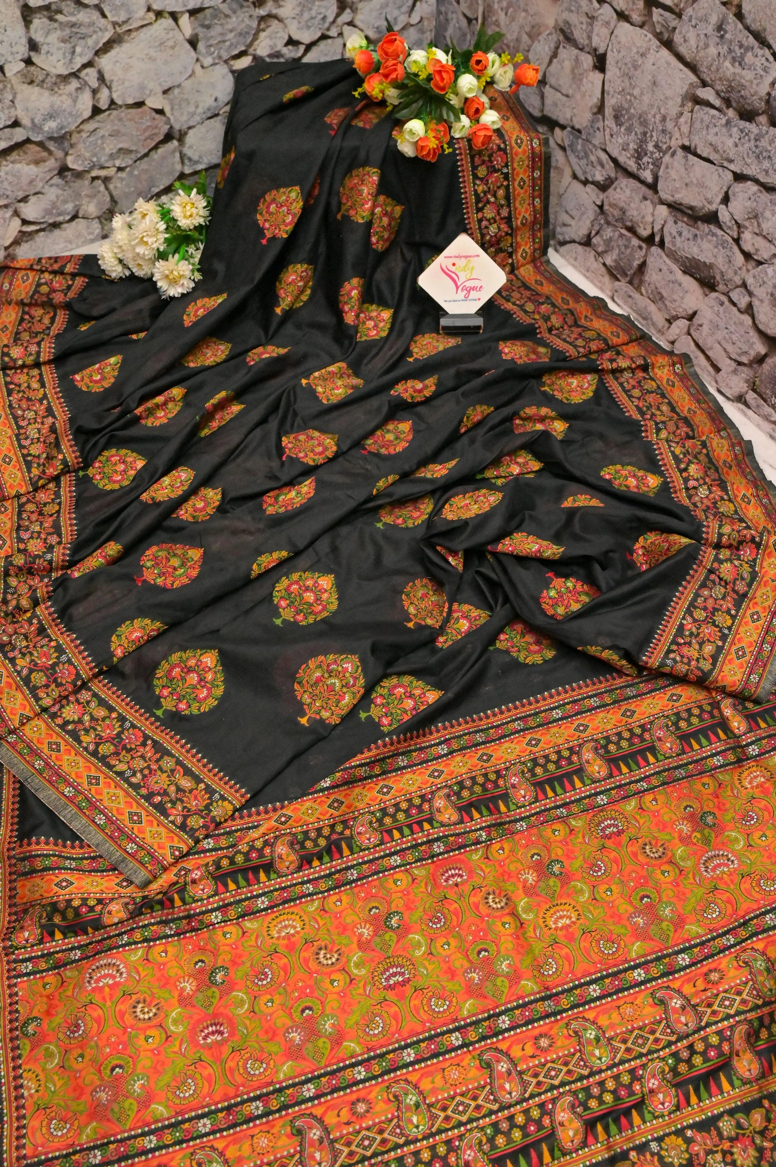 Jet Black Color Kani Silk Saree