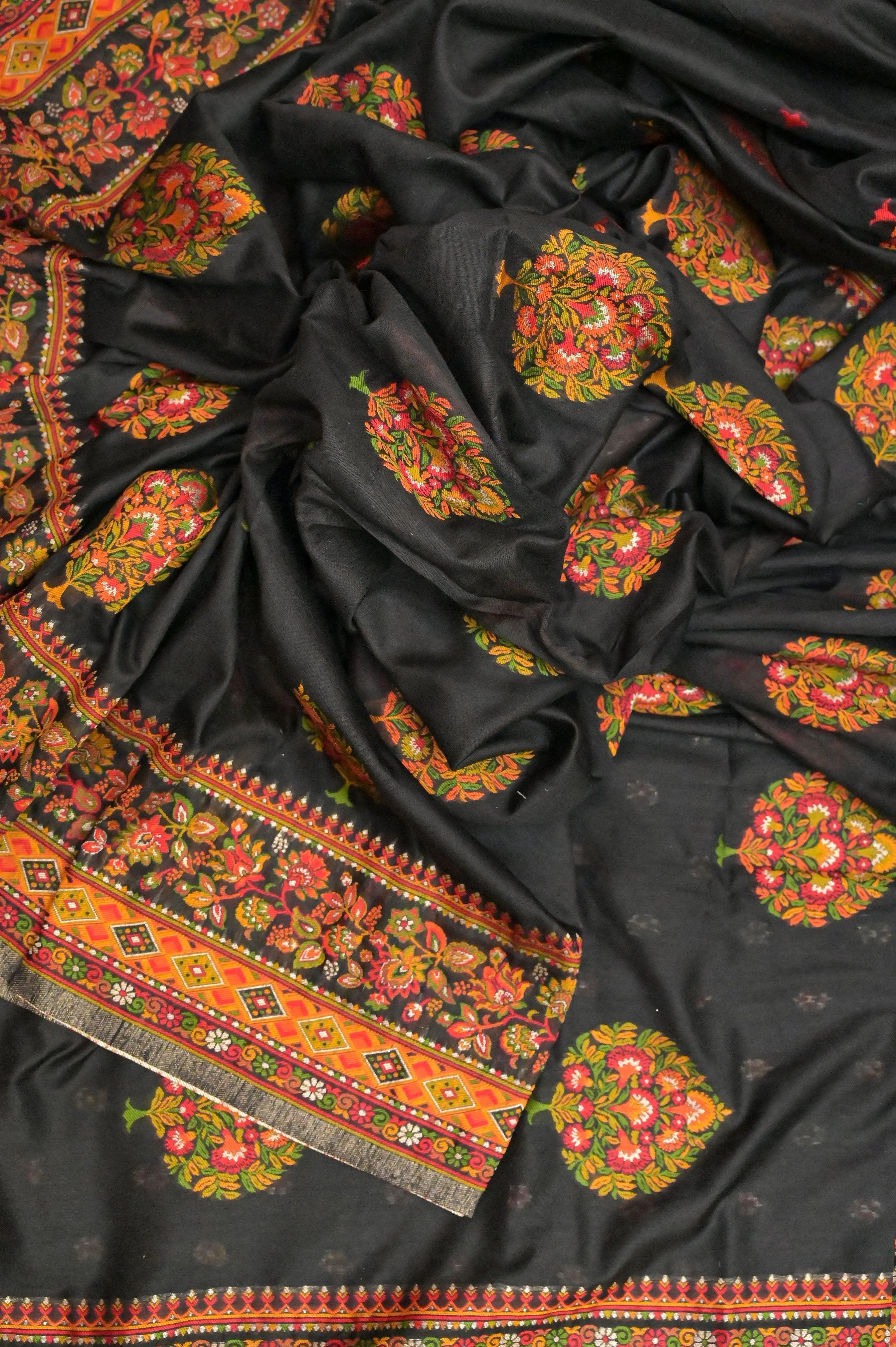 Jet Black Color Kani Silk Saree