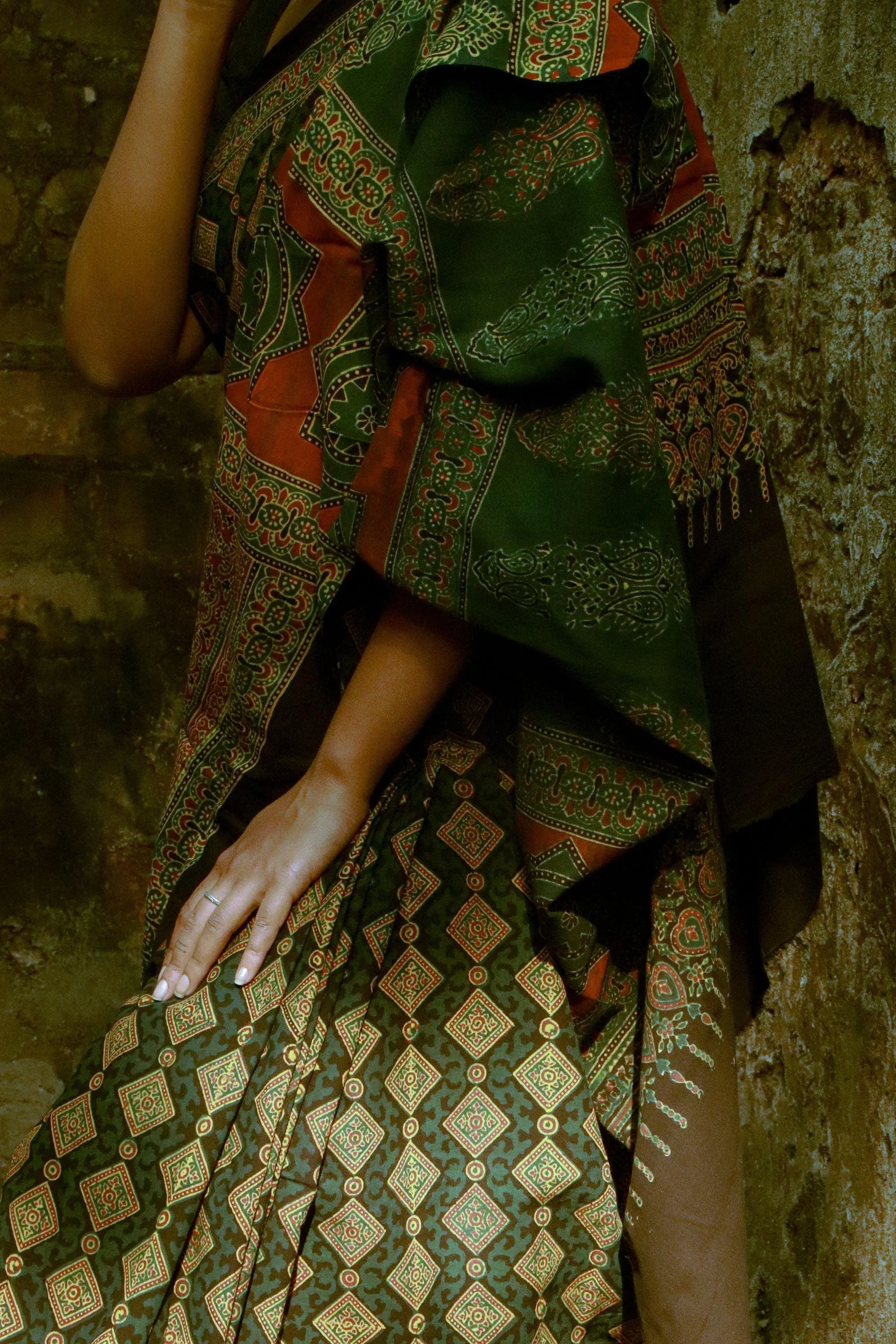 Jharokha -  Green Ajrakh handblockprinted saree