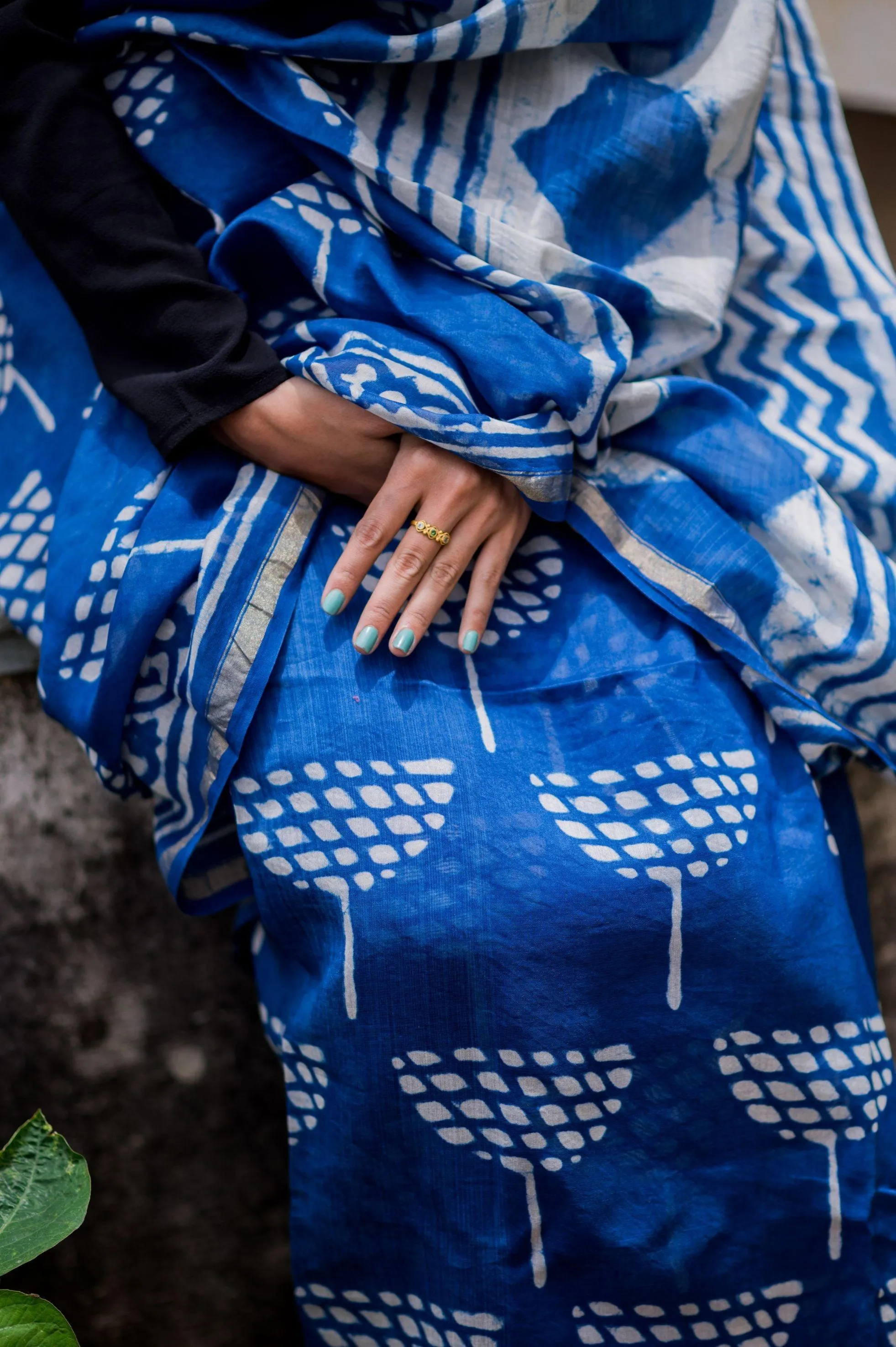 Kaisori Malhar - Dabu Lotus  Indigo Silk Cotton saree