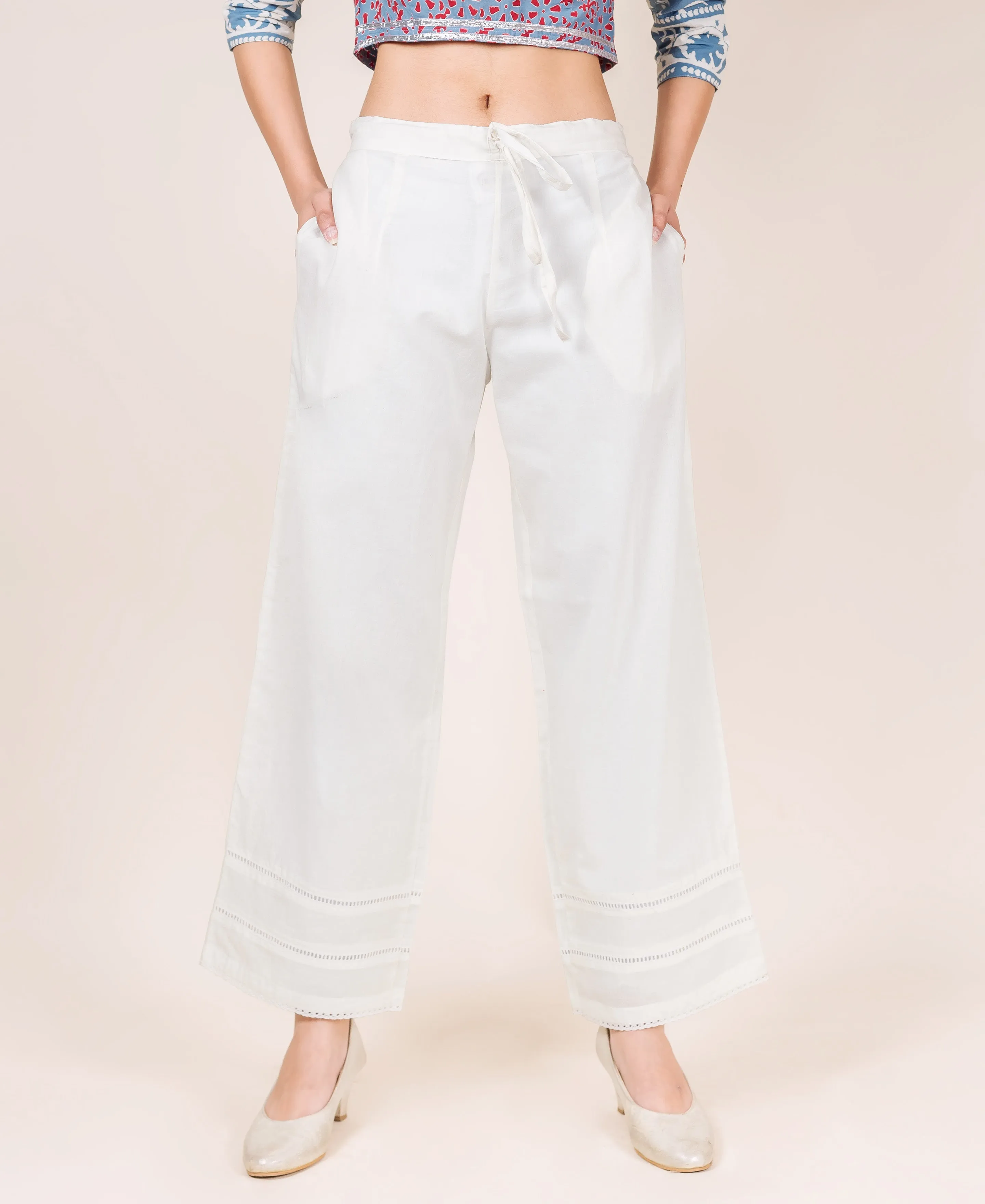 Lacy White Solid Palazzo Pants