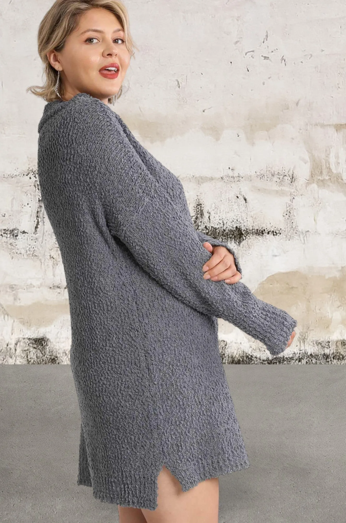 Longsleeve High Cowl Neck Bouclé Sweater Dress