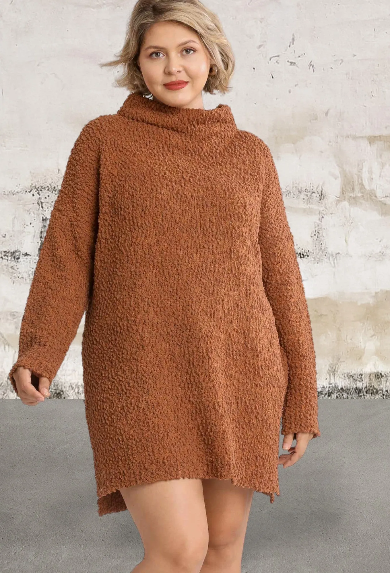 Longsleeve High Cowl Neck Bouclé Sweater Dress