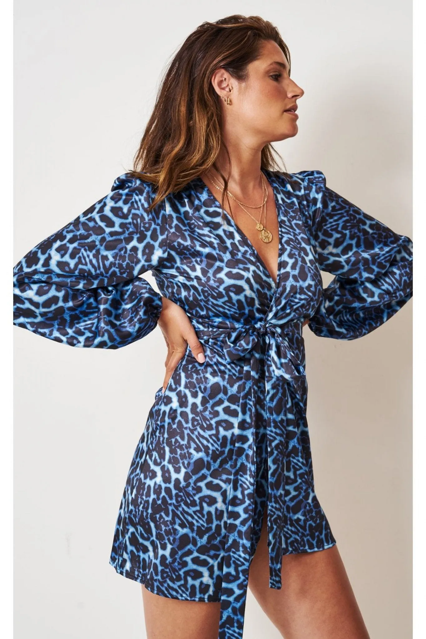 Love Frontrow Blue Leopard Print Mini Wrap Dress