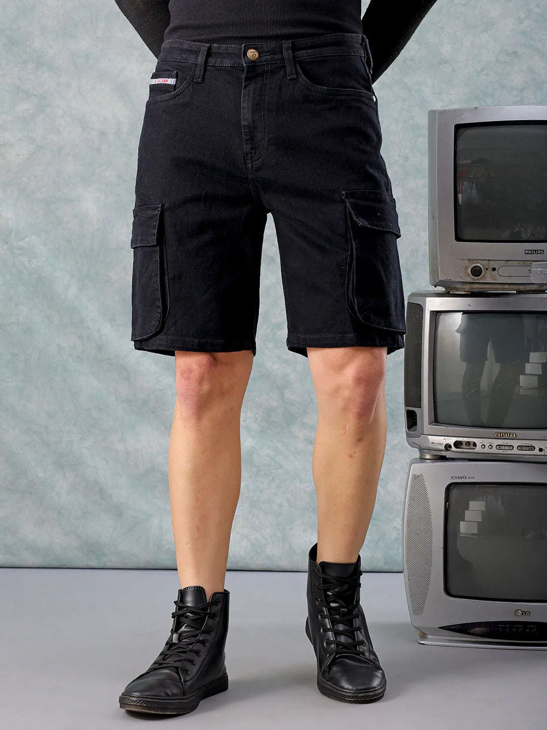 Men Black Relaxed Fit Solid Denim Shorts