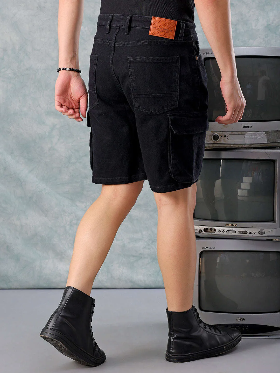 Men Black Relaxed Fit Solid Denim Shorts