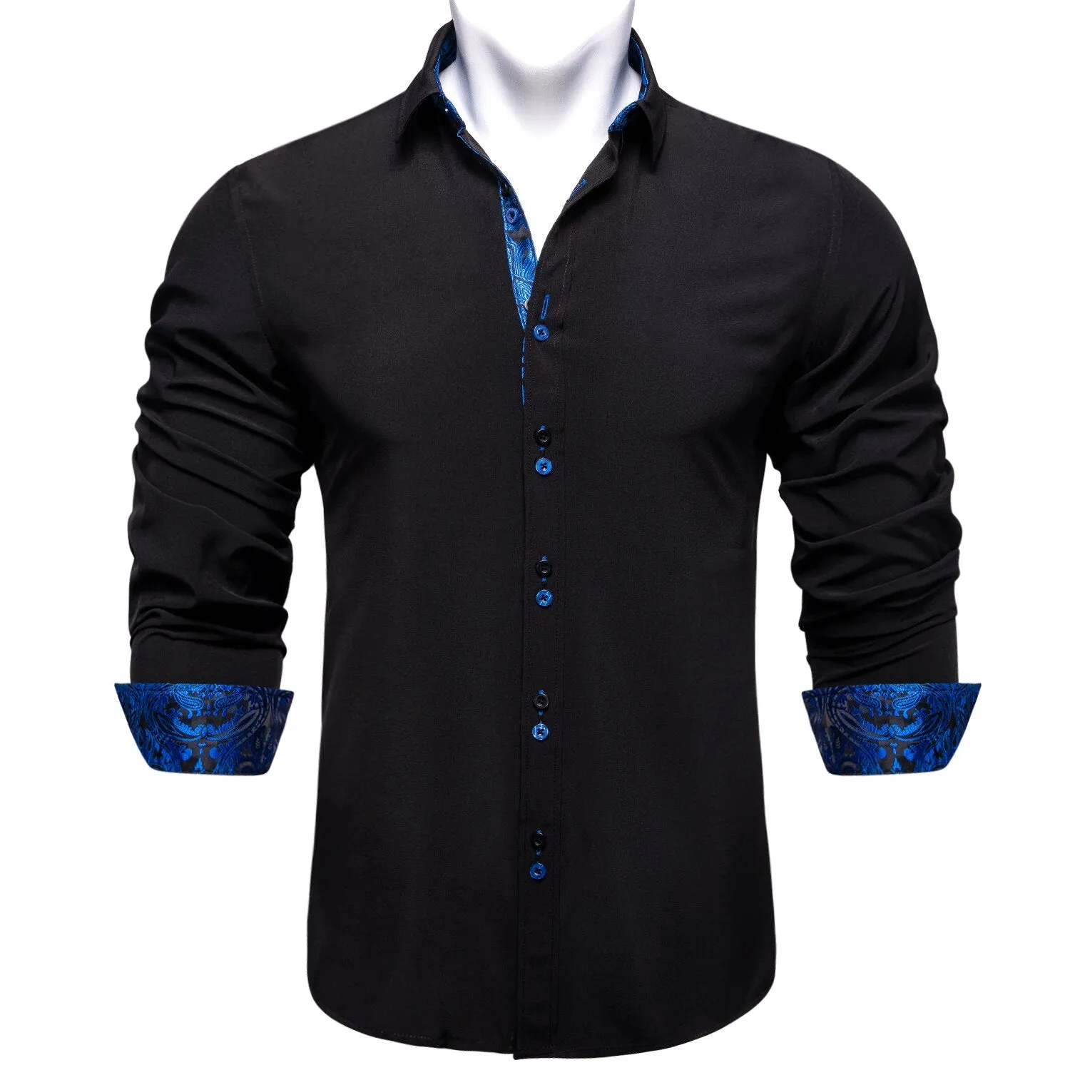 Men's Long Sleeve Cotton Paisley Color Contrast Shirt Regular-fit Button-down Collar Casual Black Shirt