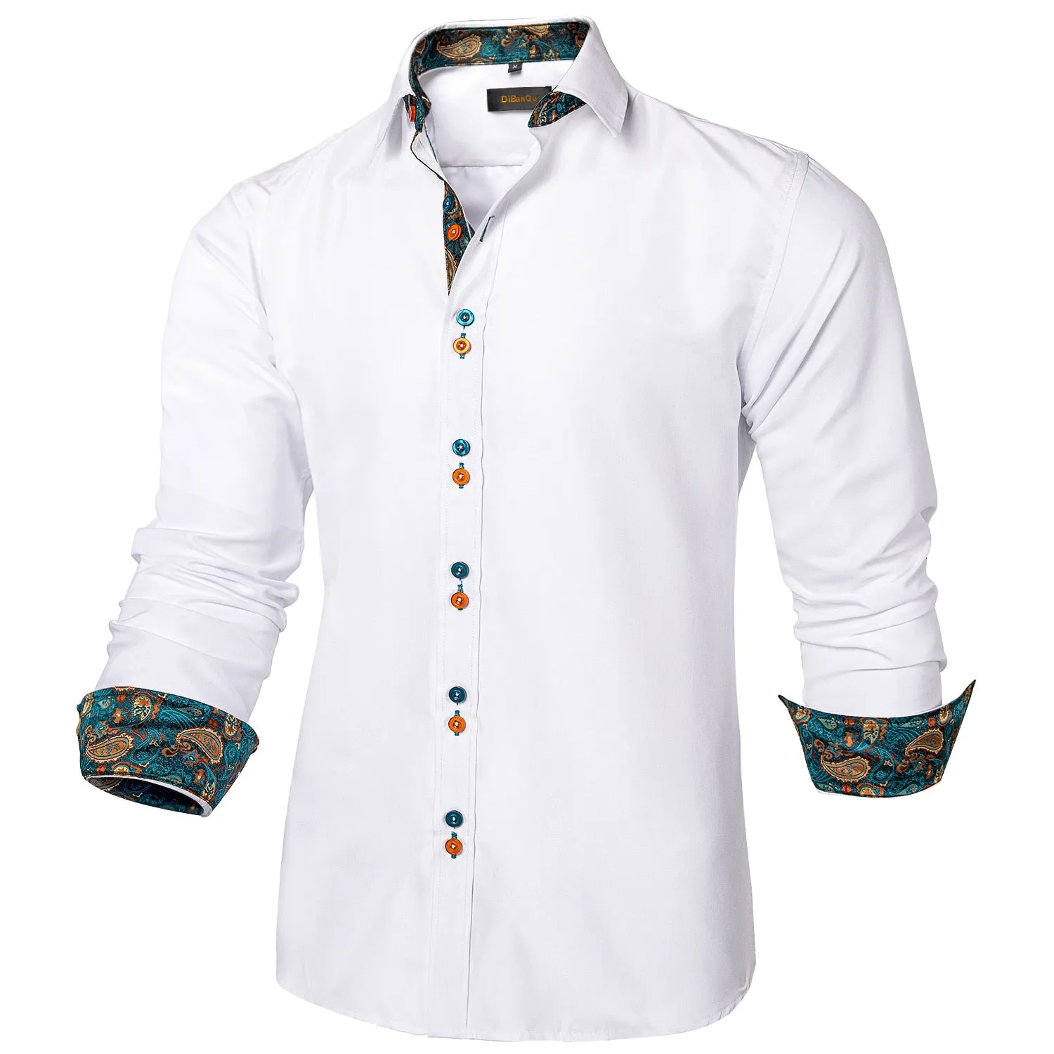 Men's Long Sleeve Cotton Paisley Color Contrast Shirt Regular-fit Button-down Collar Casual Black Shirt