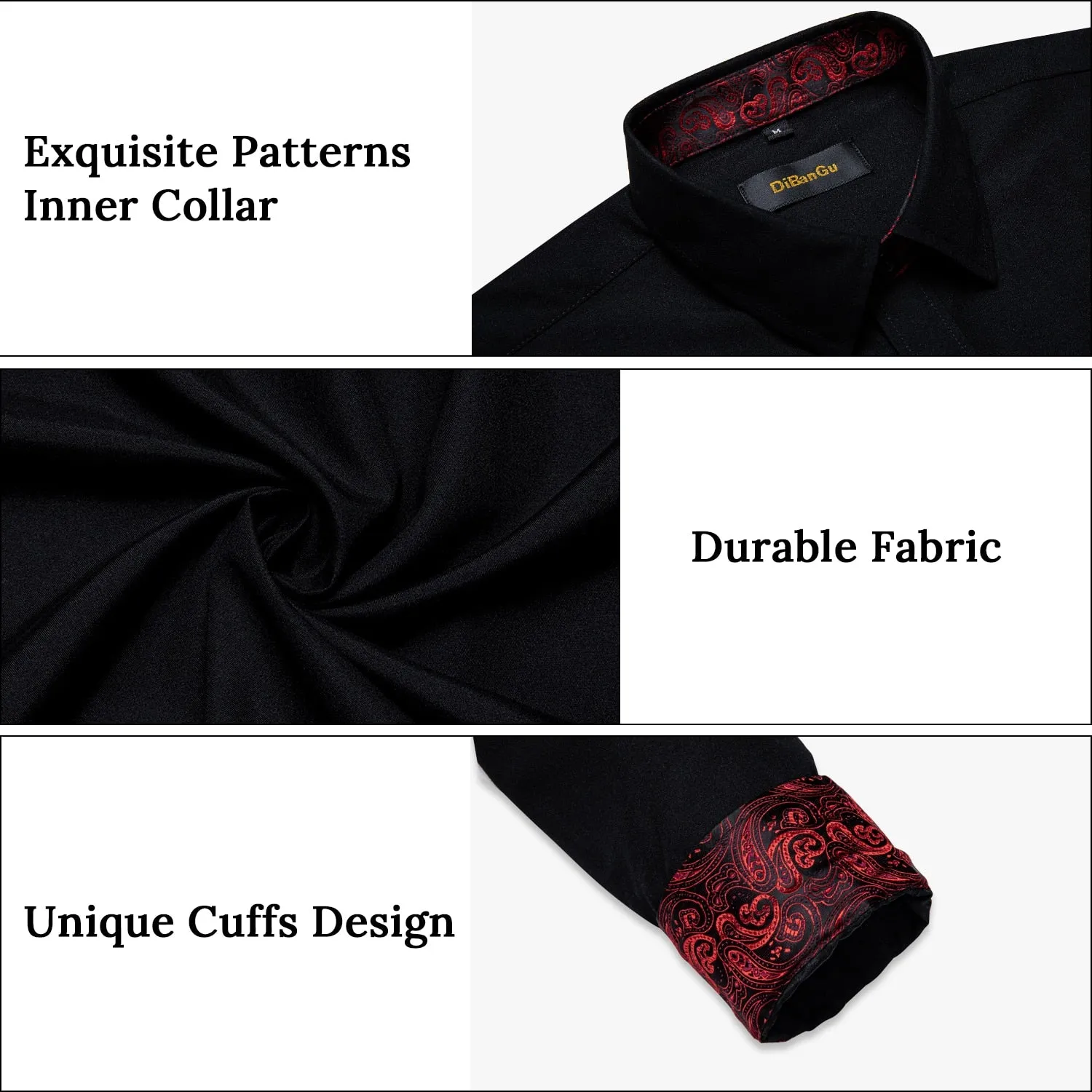 Men's Long Sleeve Cotton Paisley Color Contrast Shirt Regular-fit Button-down Collar Casual Black Shirt